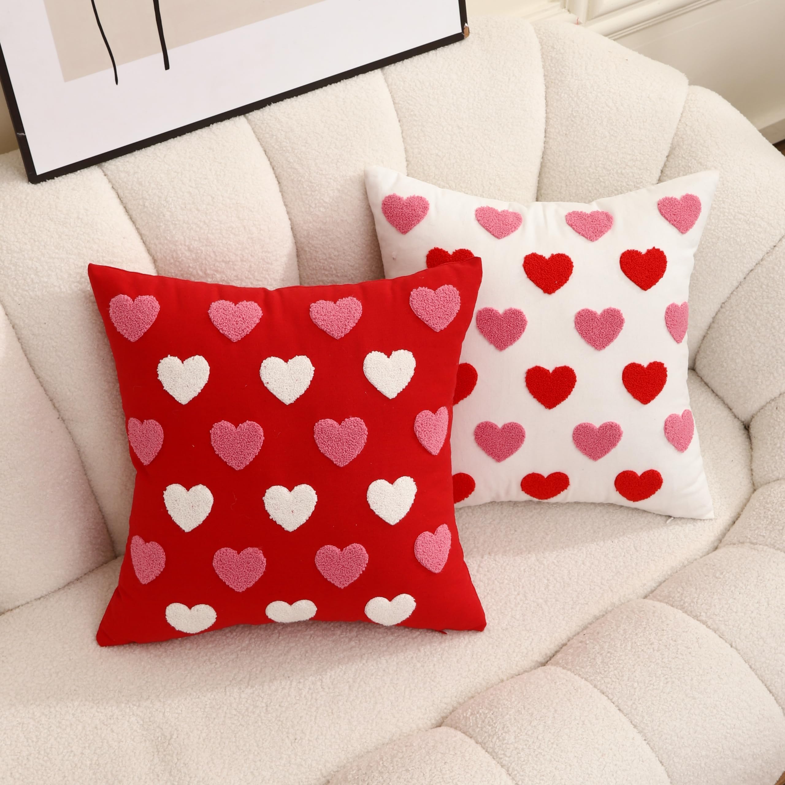 WOKANI Valentines Day Throw Pillow Covers 18x18 Set of 2 Heart Love Couples Decorations Embroidery Cushion Covers Home Decor for Couch Girlfriend Sofa Bedroom, White Red Pink