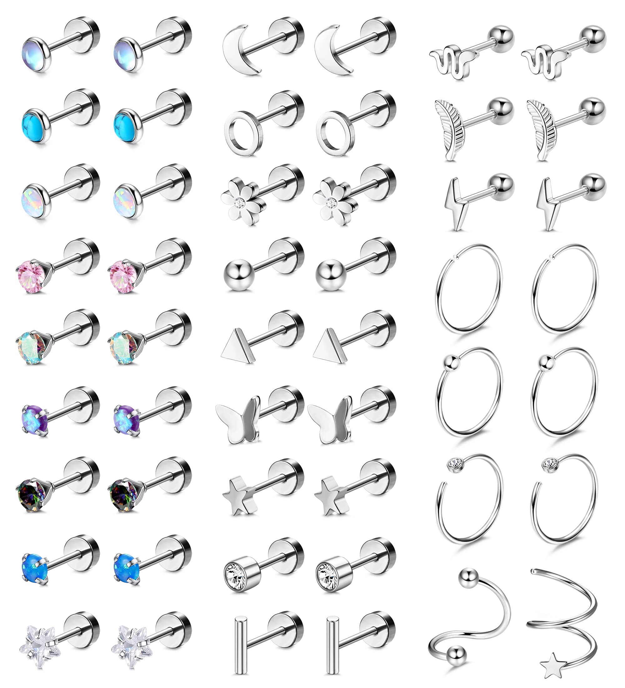 Dochais 25 Pairs Surgical Steel Stud Earrings for Women Multipack Cartilage Earring Opal Moonstone Turquoise Butterfly Flower Star Flat Back Earrings Silver