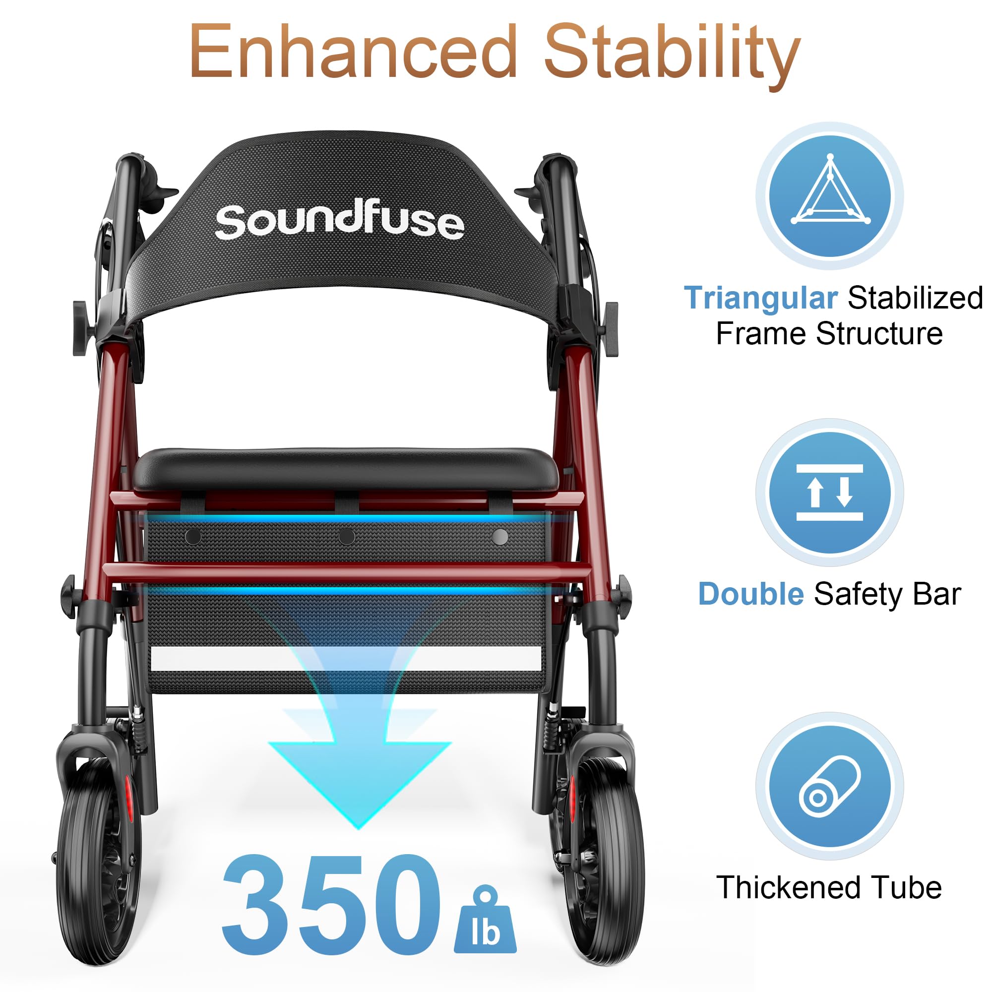 SOUNDFUSE Walkers for Seniors, Rollator Walker with Seat, 8" All Terrain Wheels, Double Support Bar, 350lb, 16" Ergonomic Arc Seat and Comfortable Backrest, Dual Height Adjustable and Foldable Design
