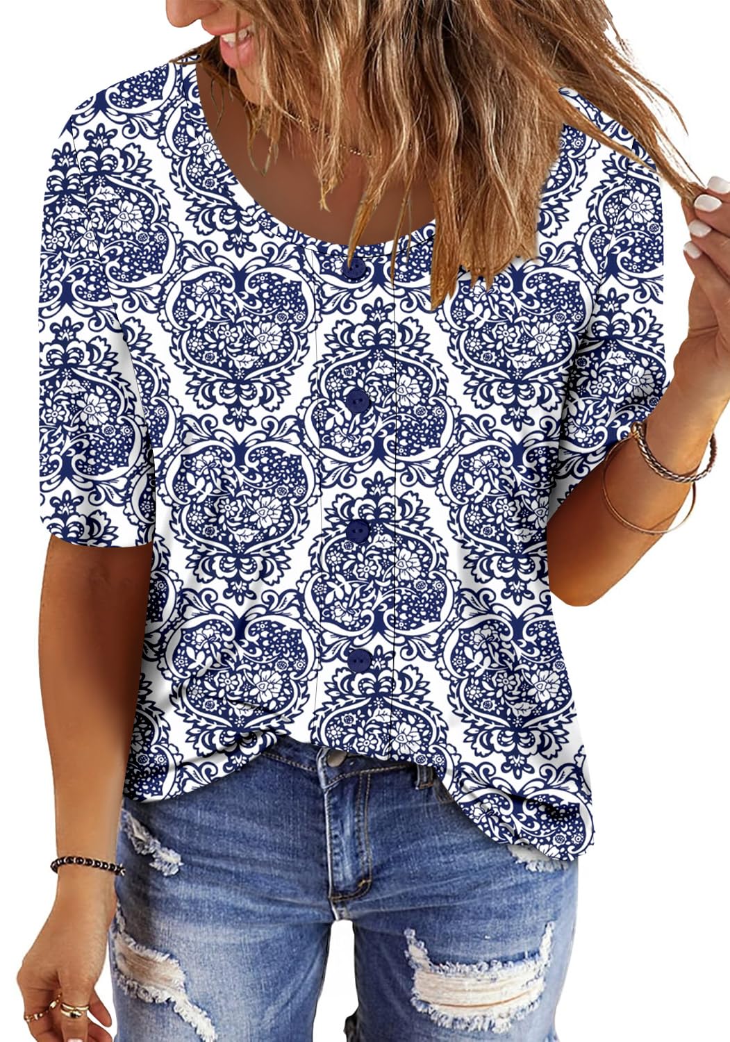 ONLYSHE Womens Summer Blue Printed Tops Short Sleeve Blouse Loose Casual Shirts Cute Tunic L