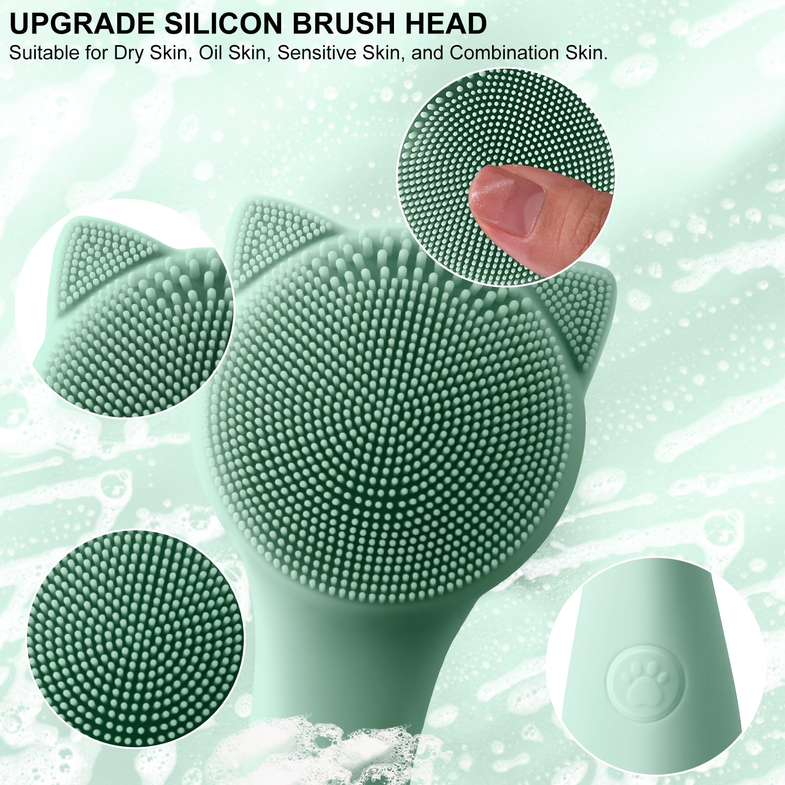 Facial Cleansing Brush, Silicone Face Scrubber Exfoliator for Men & Women, Electric Face Brush Waterproof, with 3 Speeds Adjustable for Deep Cleaning, Removing Blackhead, Face Massaging (Mint Green)