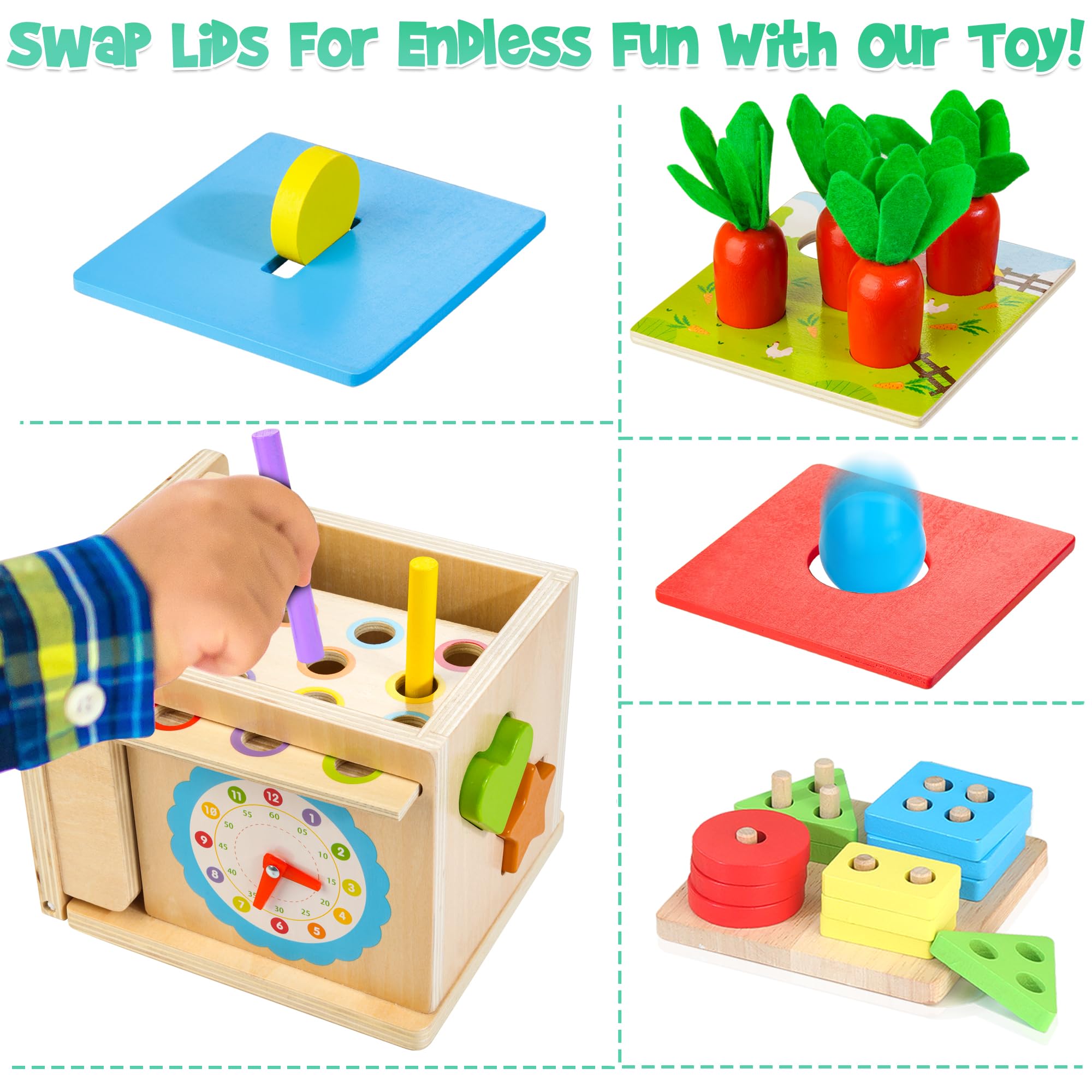 Kizfarm Wooden Montessori Baby Toys, 8-in-1 Wooden Play Kit Includes Object Permanent Box, Coin Box, Carrot Harvest, Shape Sorting & Stacking - Christmas Birthday Gift for Boys Girls Toddlers