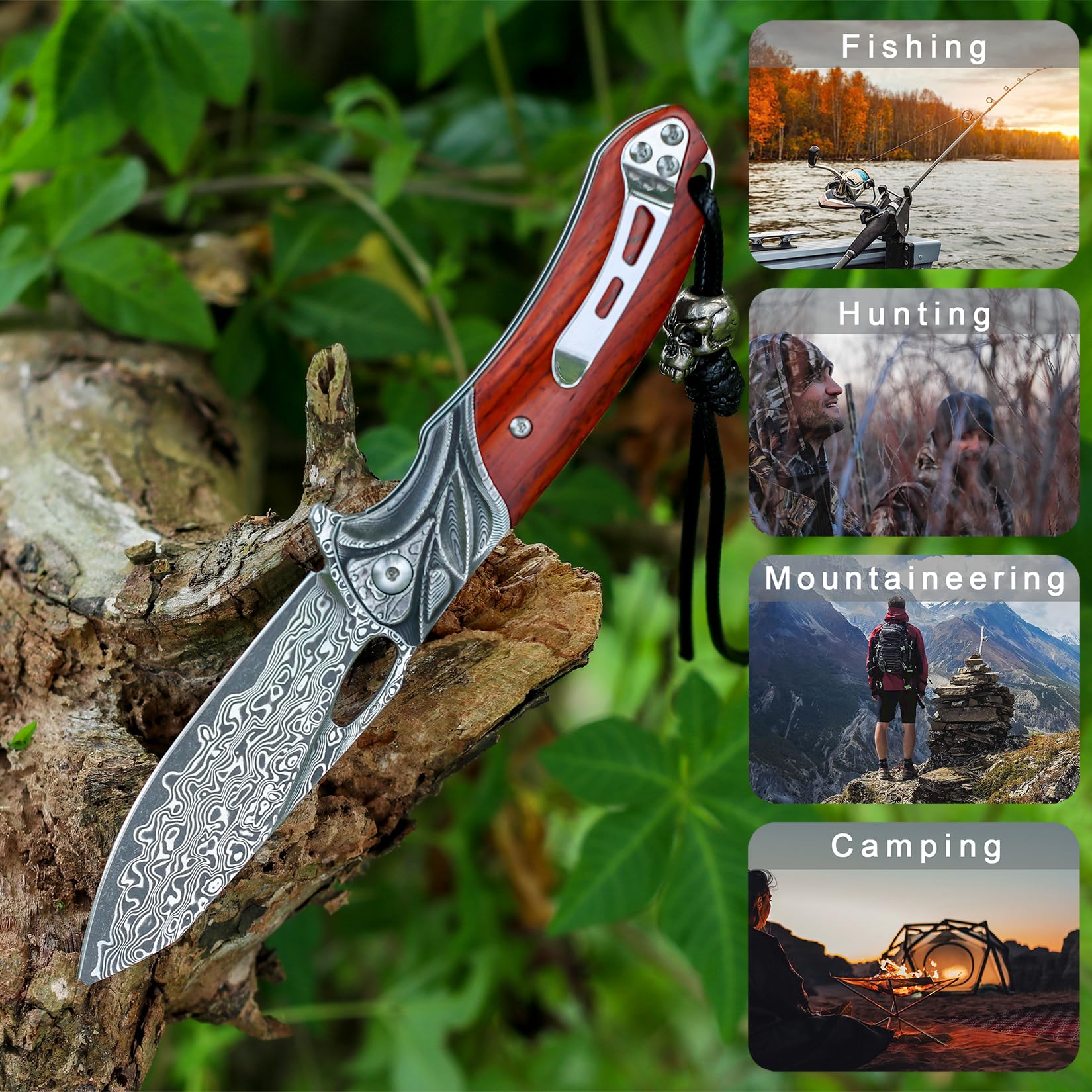 VNLA Exquisite Praxis Handmade Japan Damascus steel folding Pocket Knife, VG10 Blade Folding knife,With Handmade Leather sheath,Pocket clip.RoseWood Handle.