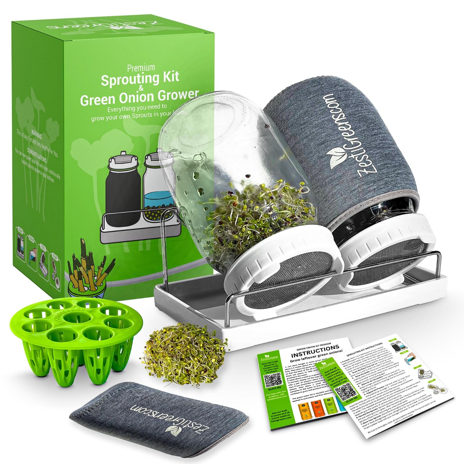 Premium Sprouts Growing Kit & Green Onion Regrower with 2 Mason Jars & Superior Sprout lids and Premium USA Alfalfa Seeds for Sprouting & Microgreens with High Germination Rate (0.5 lb)