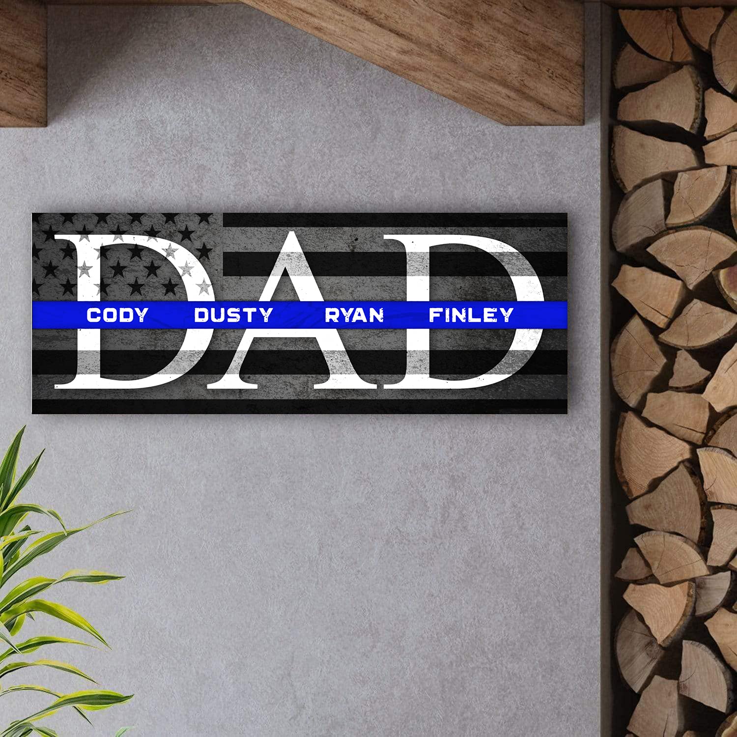 DAD & Children - Personalized Thin Line Father's Day Gift (Thin Blue Line, 6.5"x18" Block Mount)