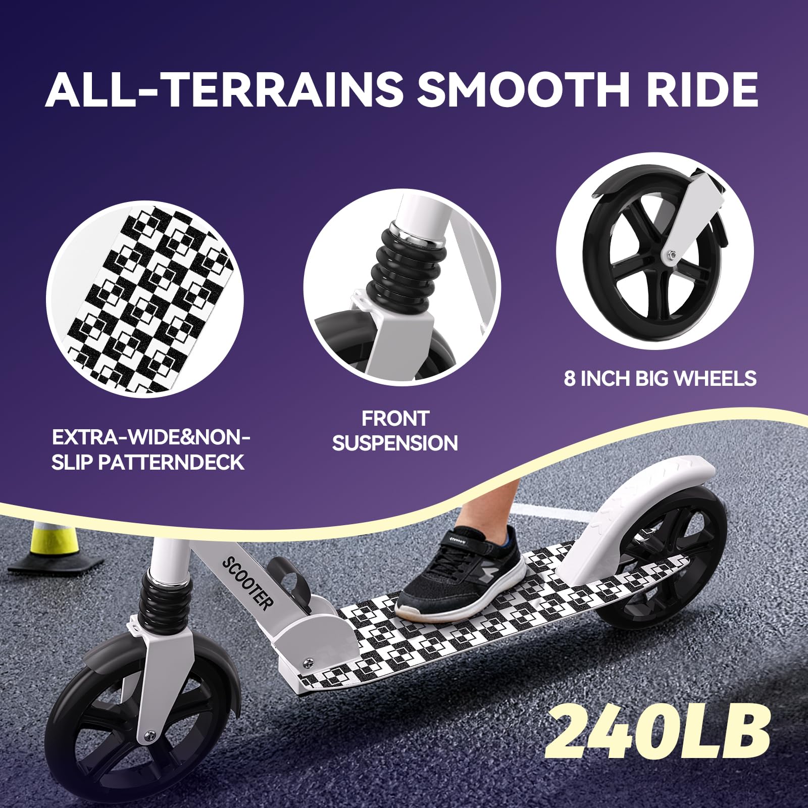 Nattork Kick Scooter for Teens Adults, Max Load 240 LBS, Adjustable Height Foldable with 8" Large Wheels, Anti-Shock Suspension White
