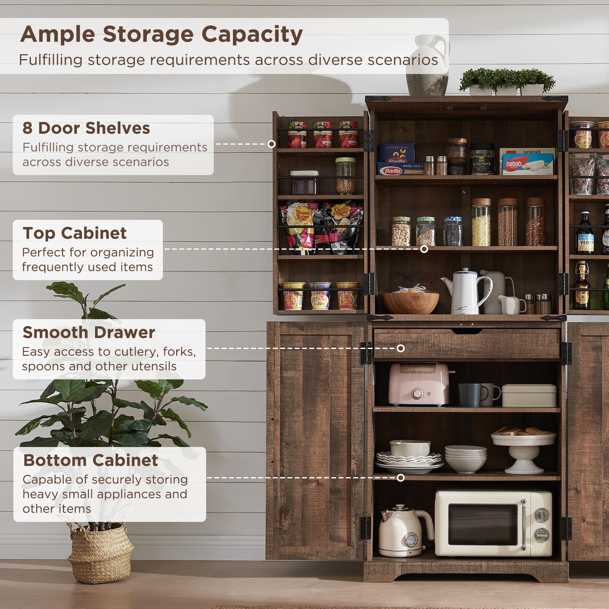 ACCOHOHO 72" Tall Kitchen Pantry, Farmhouse Storage Cabinet with Barn Doors, Organizer, Drawer and Adjustable Shelves, Rustic Wood Cupboard for Kitchen, Dining Room, Bathroom, Rustic Brown