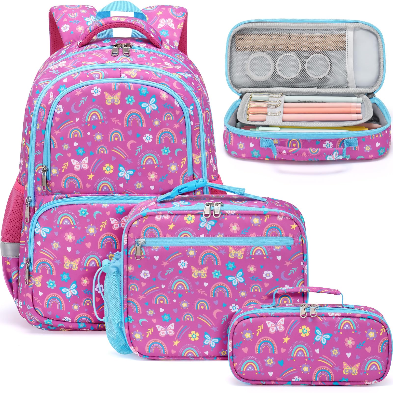 Fimibuke Kid Backpack for School Girl - 3PCS Waterproof Toddler School Bag Cute Bookbag Set with Lunch Box & Pencil Case for Preschool Kindergarten Elementary Back to School Student Ages 3-12, Rainbow