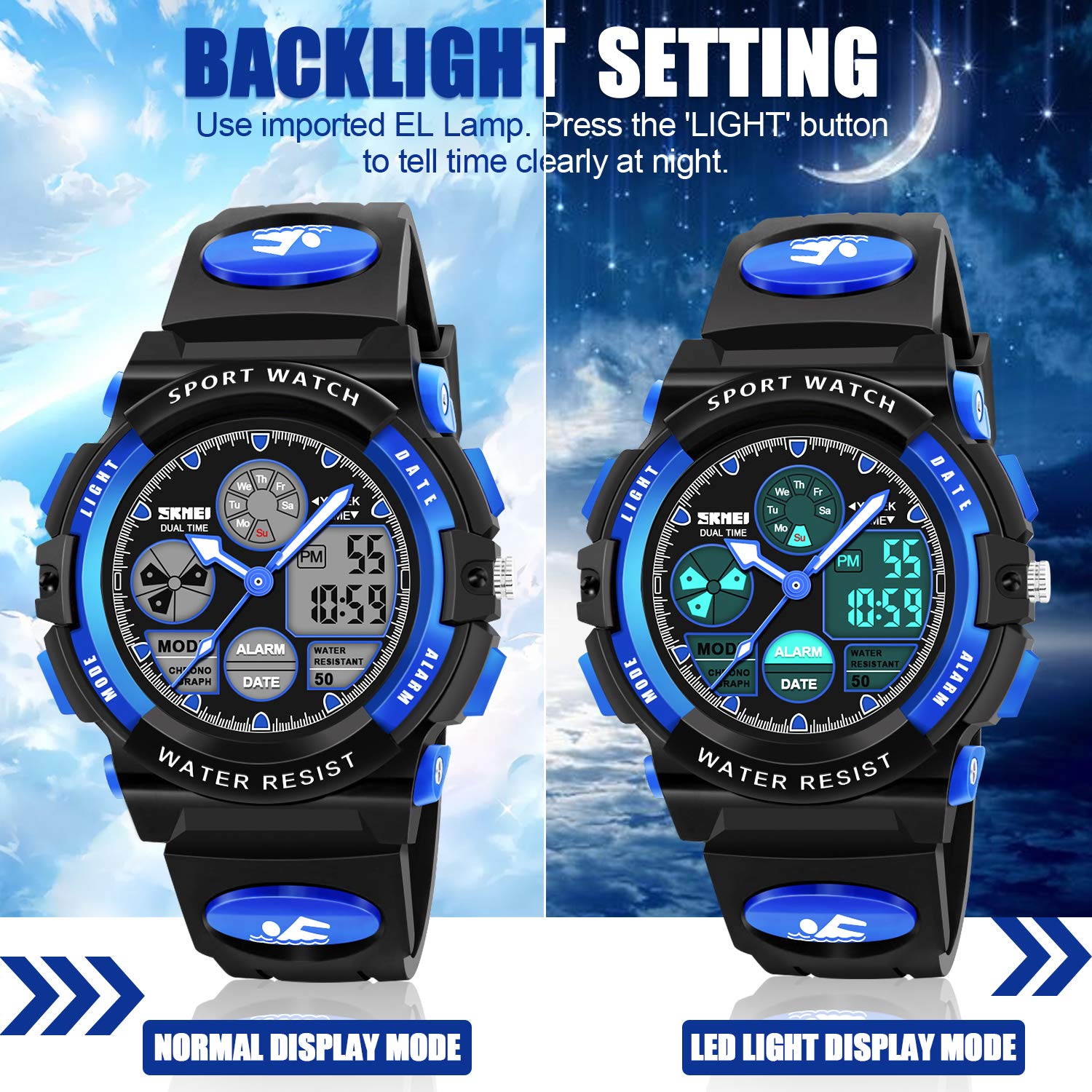 Dodosky Boy Toys Age 5-12, LED 50M Waterproof Digital Sport Watches for Kids Birthday Presents Gifts for 5-13 Year Old Boys - Blue