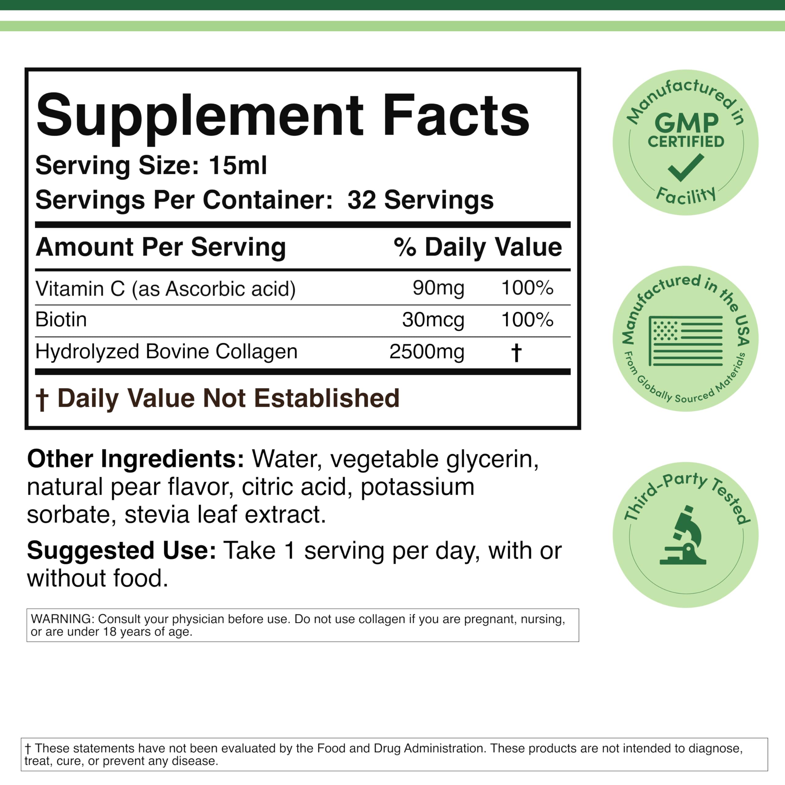 Double Wood Supplements Liquid Collagen - 2500mg of Hydrolyzed Bovine Collagen (Type 1, 3 and Grassfed) - 32 Servings - for Women and Men - 30 mcg of Biotin - Sugar Free Pear Flavor