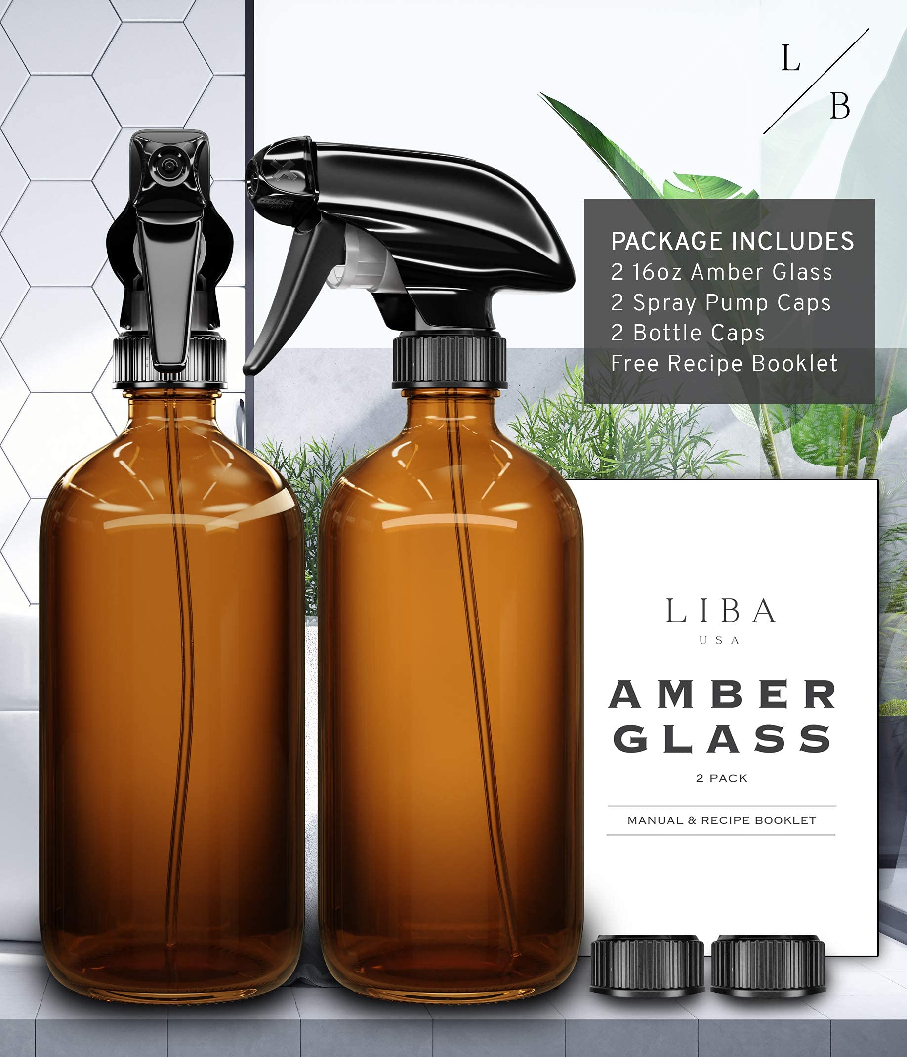 LiBa Amber Glass Spray Bottles 2 Pack, 16 oz Refillable Empty Spray Bottle for Cleaning, Essential Oils, Hair, Plants, Adjustable Nozzle for Squirt and Mist, Bleach/Vinegar/Rubbing Alcohol Safe