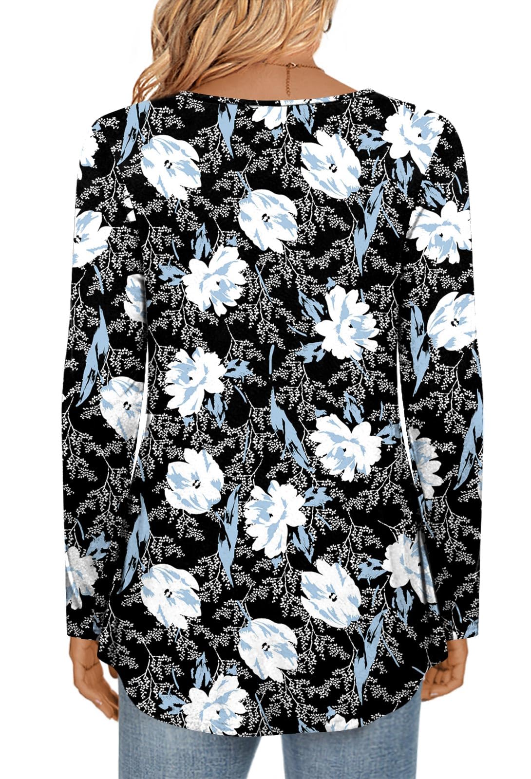 LONGYUAN Ladies Stretchy Blouse Comfy Printed Top Long Sleeve Loose Flare Tunic Tops White Lily Medium