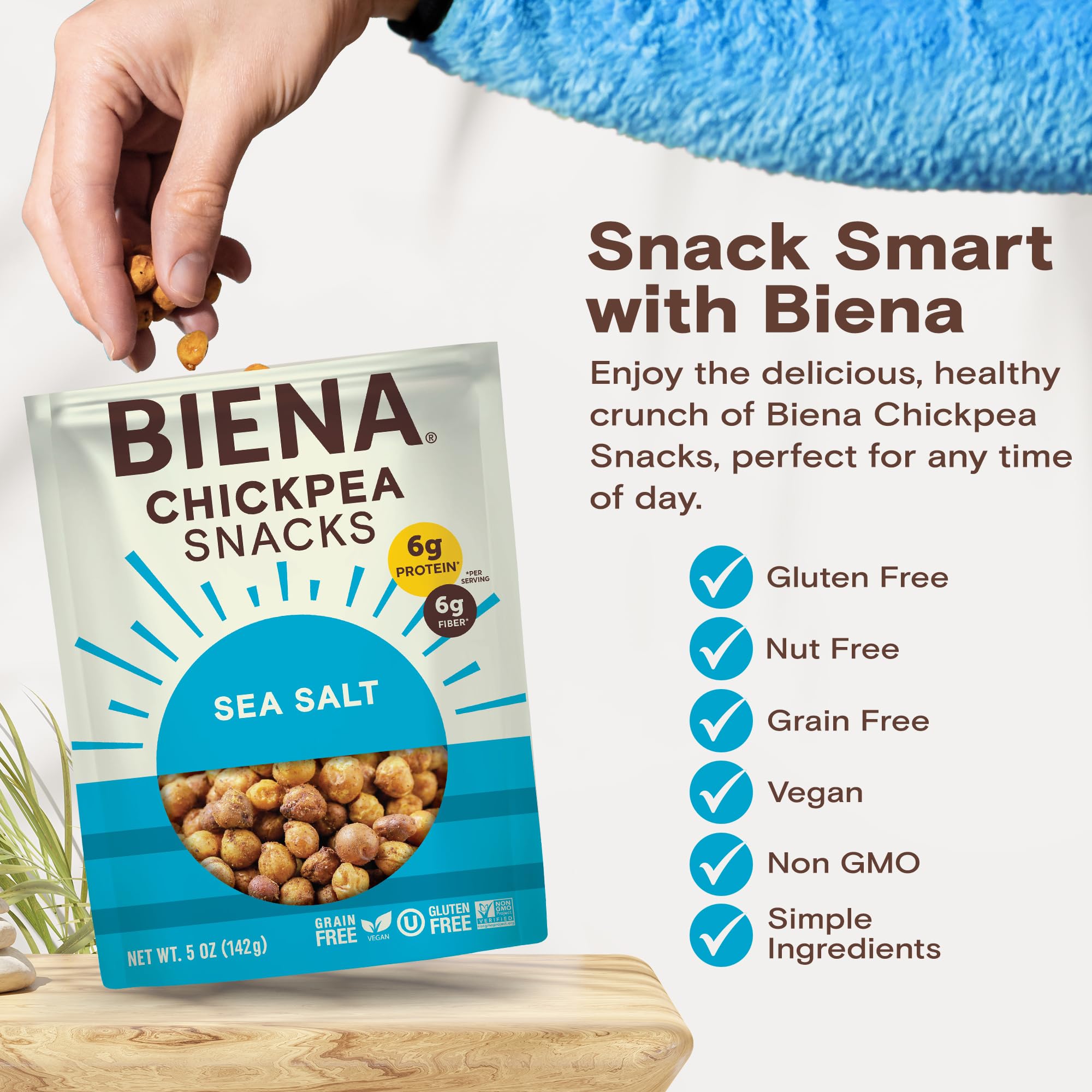 BIENA Chickpea Snacks - Crunchy Roasted Chickpeas - High Fiber Vegan Protein Snacks for Adults and Kids - 8-Pack, 5 Ounce Bags - Sea Salt