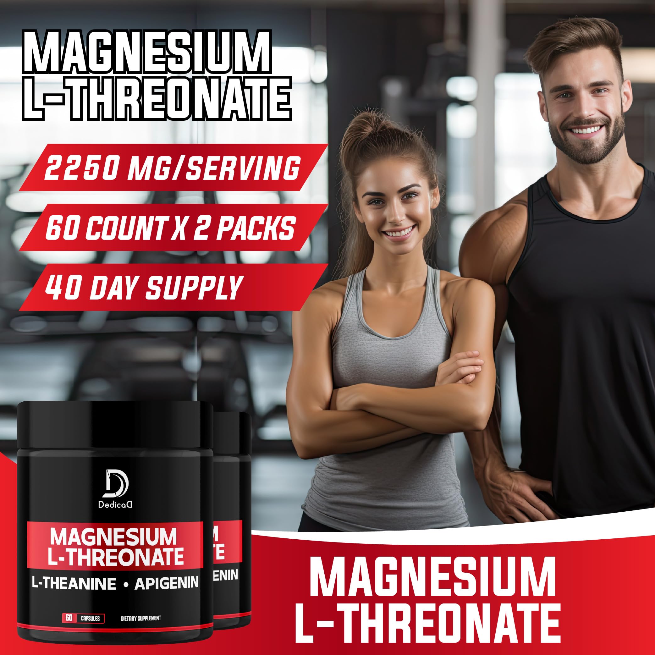 [2 Packs 60 Capsules] - 2250Mg Magnesium L-Threonate with L-Theanine & Apigenin - Triple Magnesium Complex Supplement