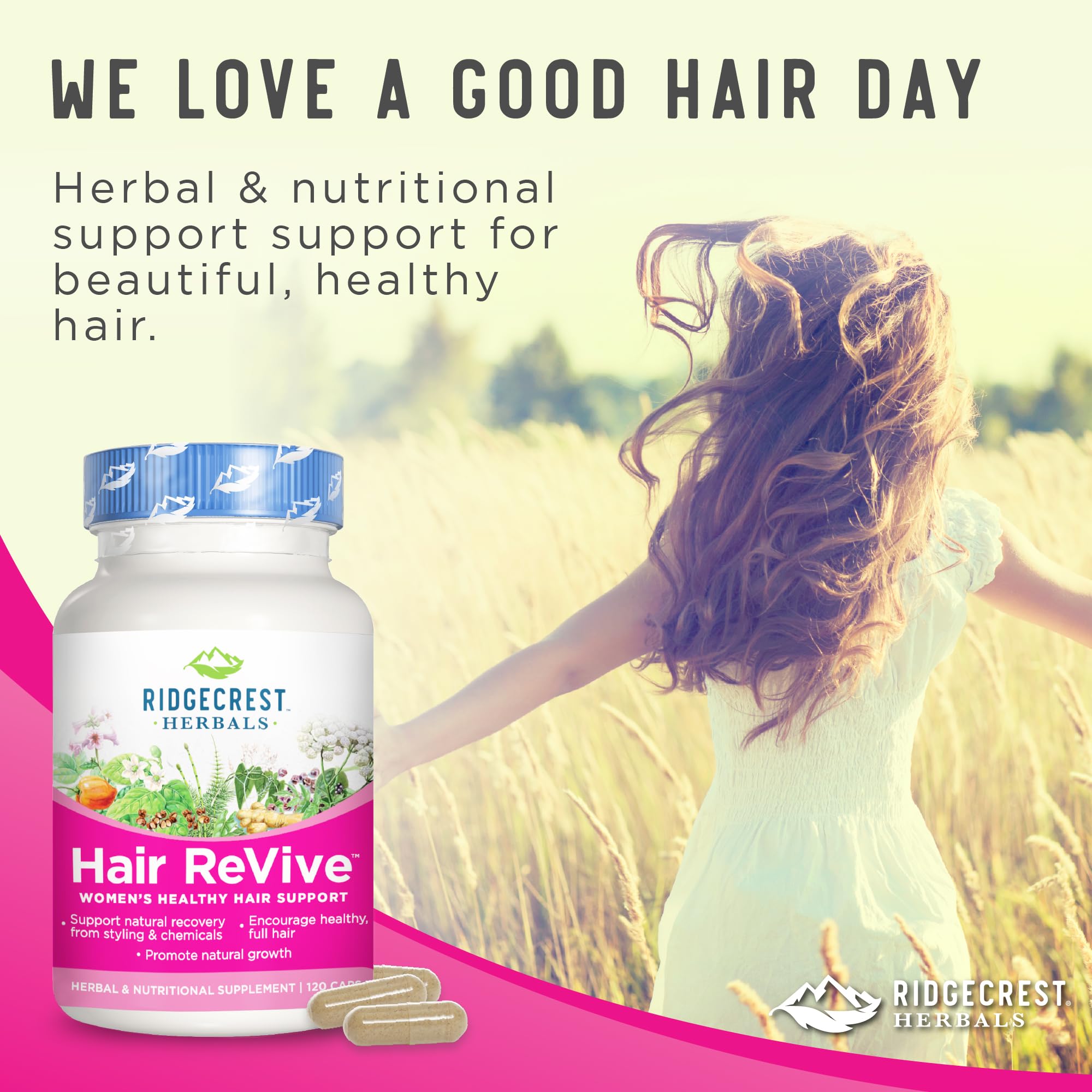 RidgeCrest Herbals Hair ReVive, Nutritional Hair Supplement with Vitamin C, Biotin (6000mcg), Zinc, and Copper, Hair Vitamins for Women to Support Healthy Hair, Skin, and Nails (120 Caps, 30 Servings)