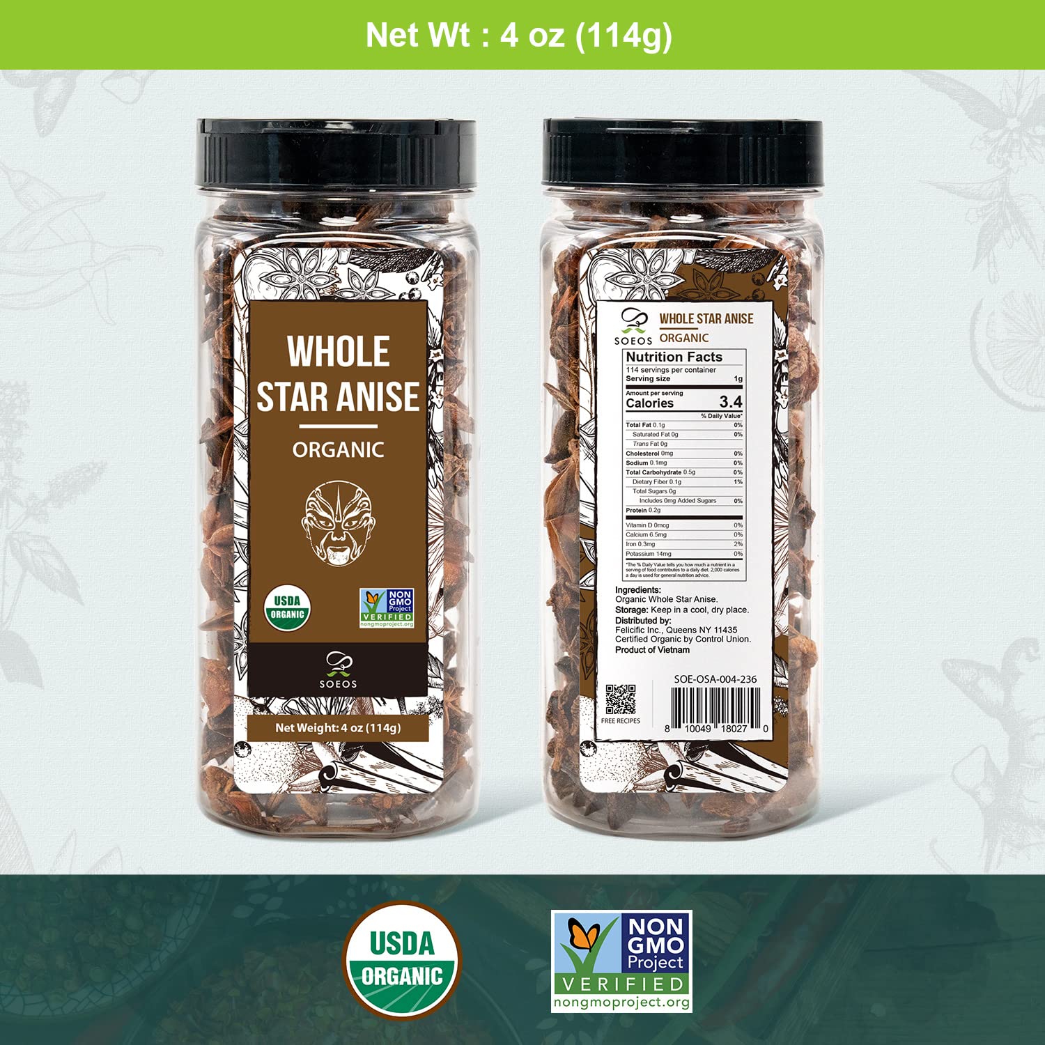 Soeos Organic Star Anise, Whole Star Anise 4 oz (114g), Chinese Star Anise Pods, Star Anise Organic Whole, Non-GMO Verified, Dried Star Anise for Beverages, Cooking, Baking