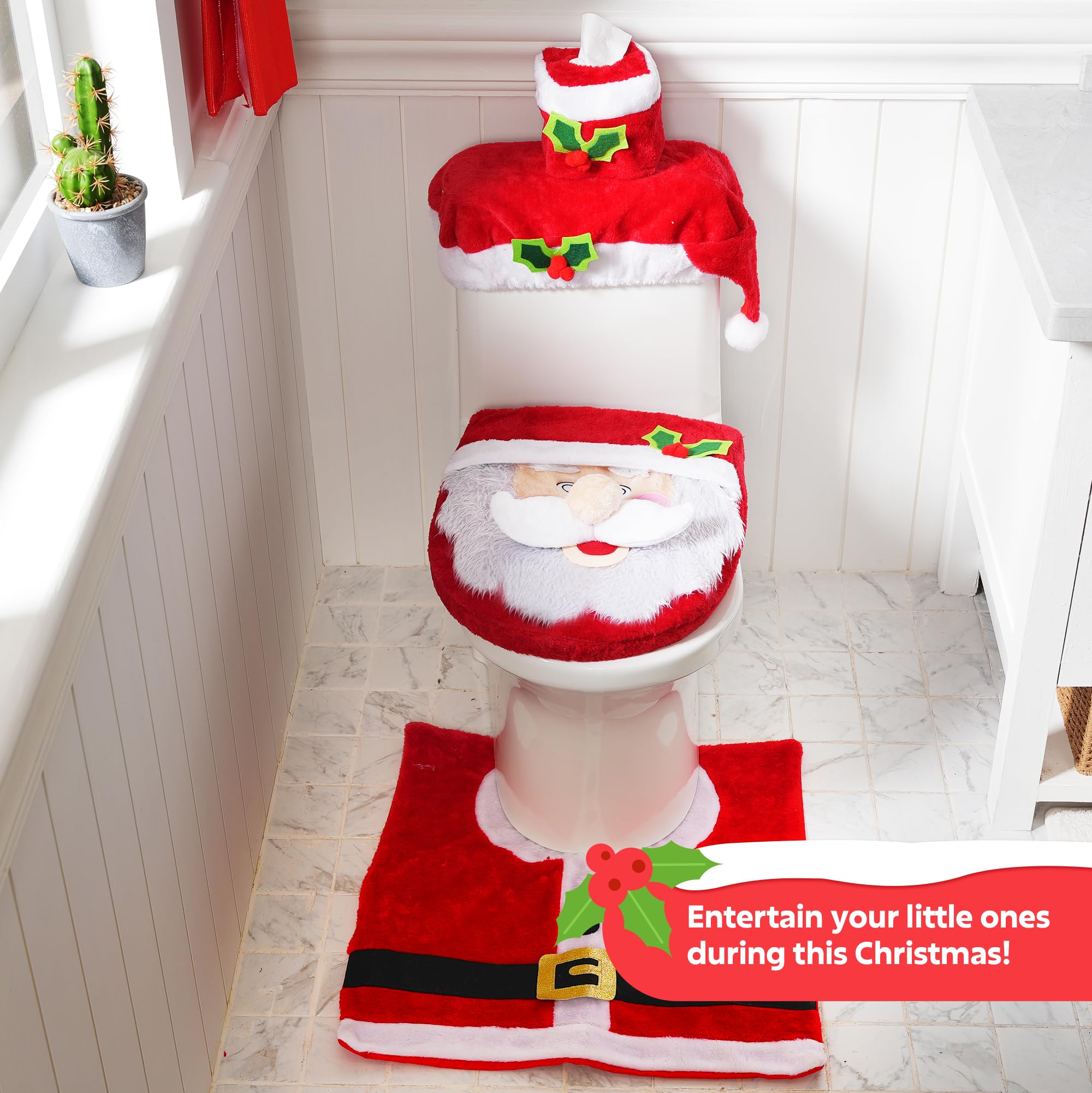 JOYIN 5 Pieces Christmas Theme Bathroom Decoration Set w/Toilet Seat Cover, Rugs, Tank Cover, Toilet Paper Box Cover and Santa Towel for Xmas Indoor Décor, Party Favors (Santa)