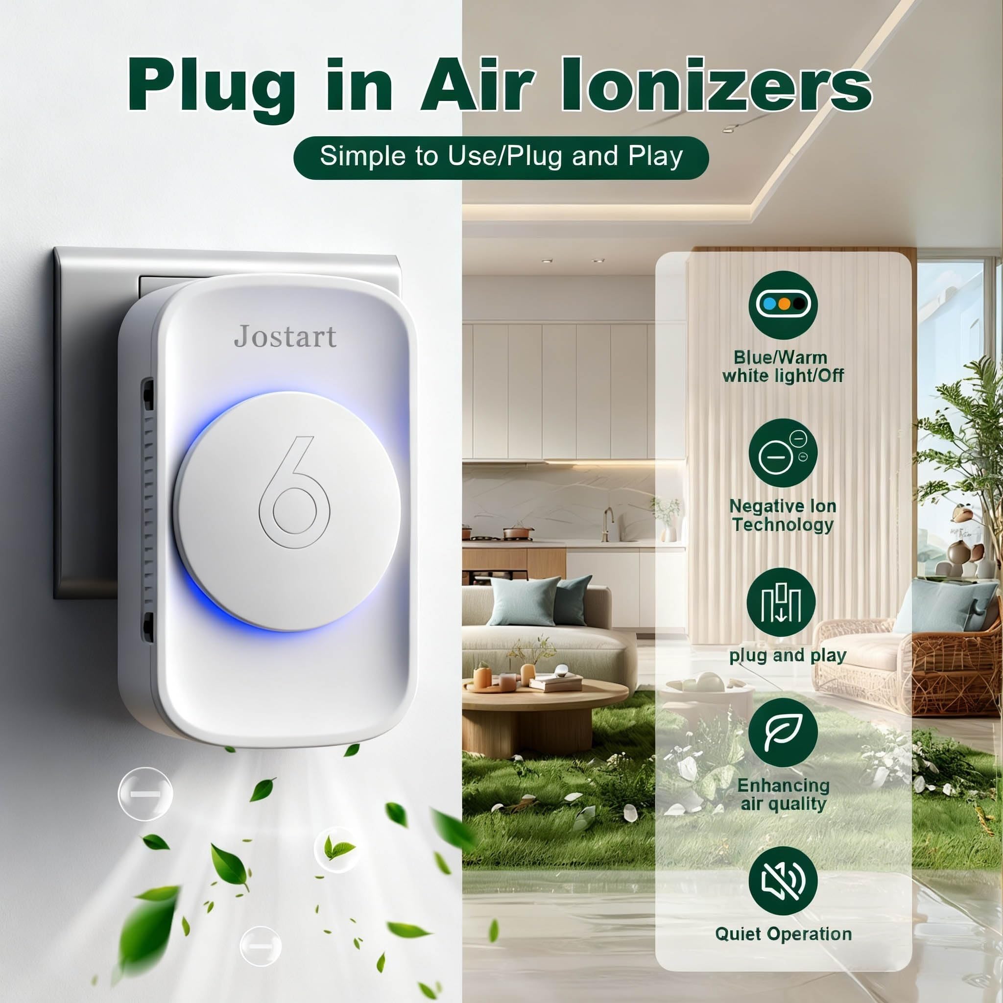 Air Ionizer for Home(3 pack), Ionic Air Purifier Plug in with 6 Carbon Fiber Tips, Ultra Quiet Portable Air Cleaner for Kitchen Bedroom Office Bathroom,Energy Efficient with Blue/Warm White Mood Light