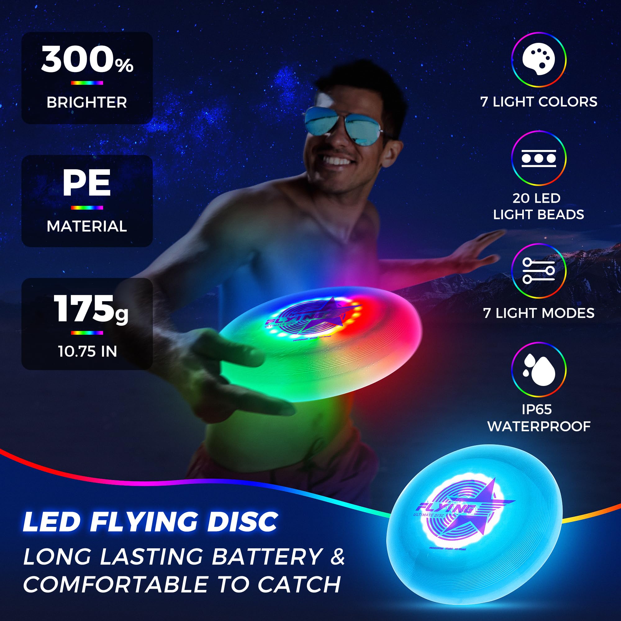 Fortikpo Glow in The Dark LED Flying Disc - 7 Dynamic Modes, 7 Colors, IP65 Waterproof, Perfect Birthday & Camping Gift for Men/Boys/Teens/Kids - Outdoor Games & Cool Toys, 175g