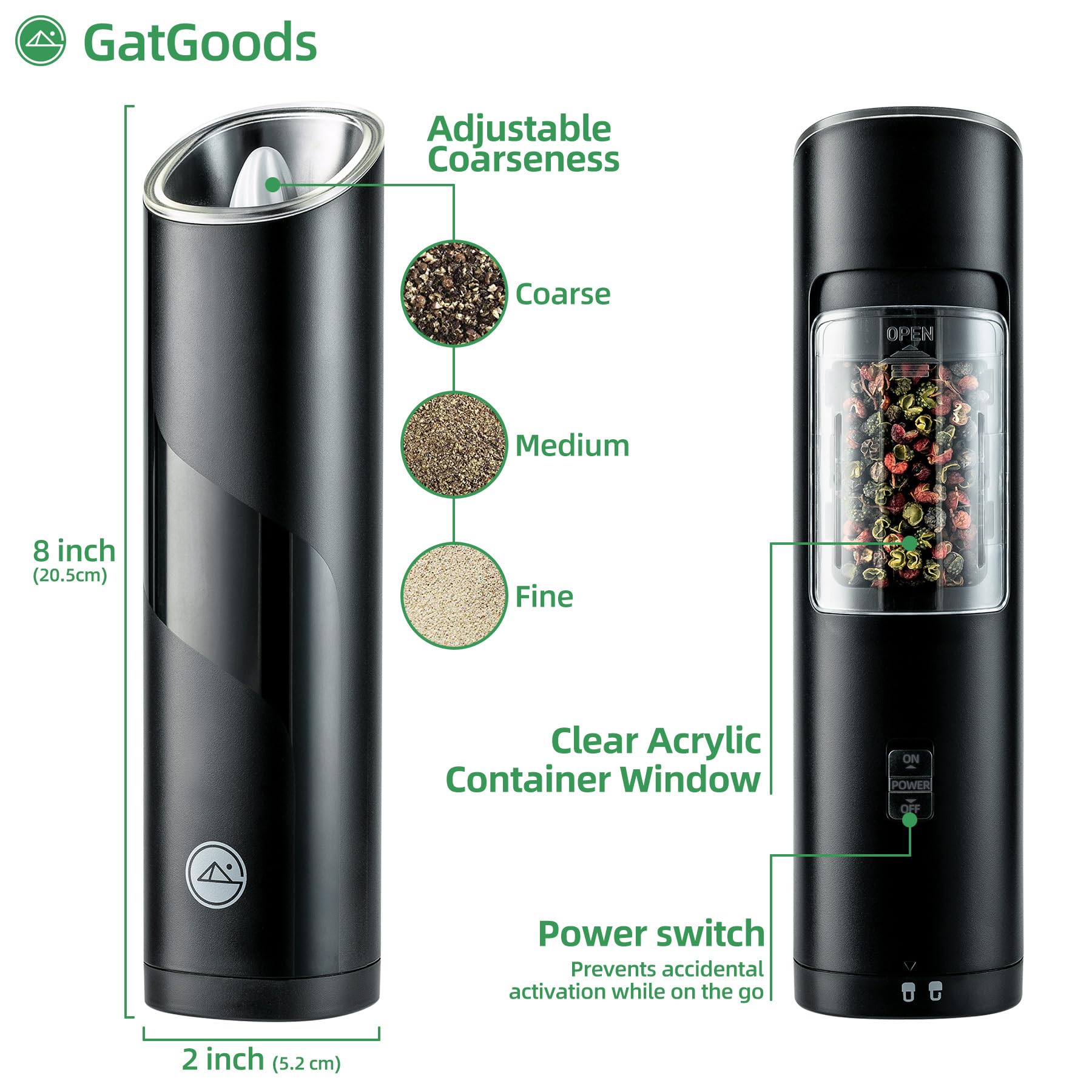 GATGOODS Gravity Electric Salt and Pepper Grinder Set, Adjustable Coarseness, Warm LED Light, One-handed Automatic Operation, Battery Powered, Black, Electric Pepper Mills