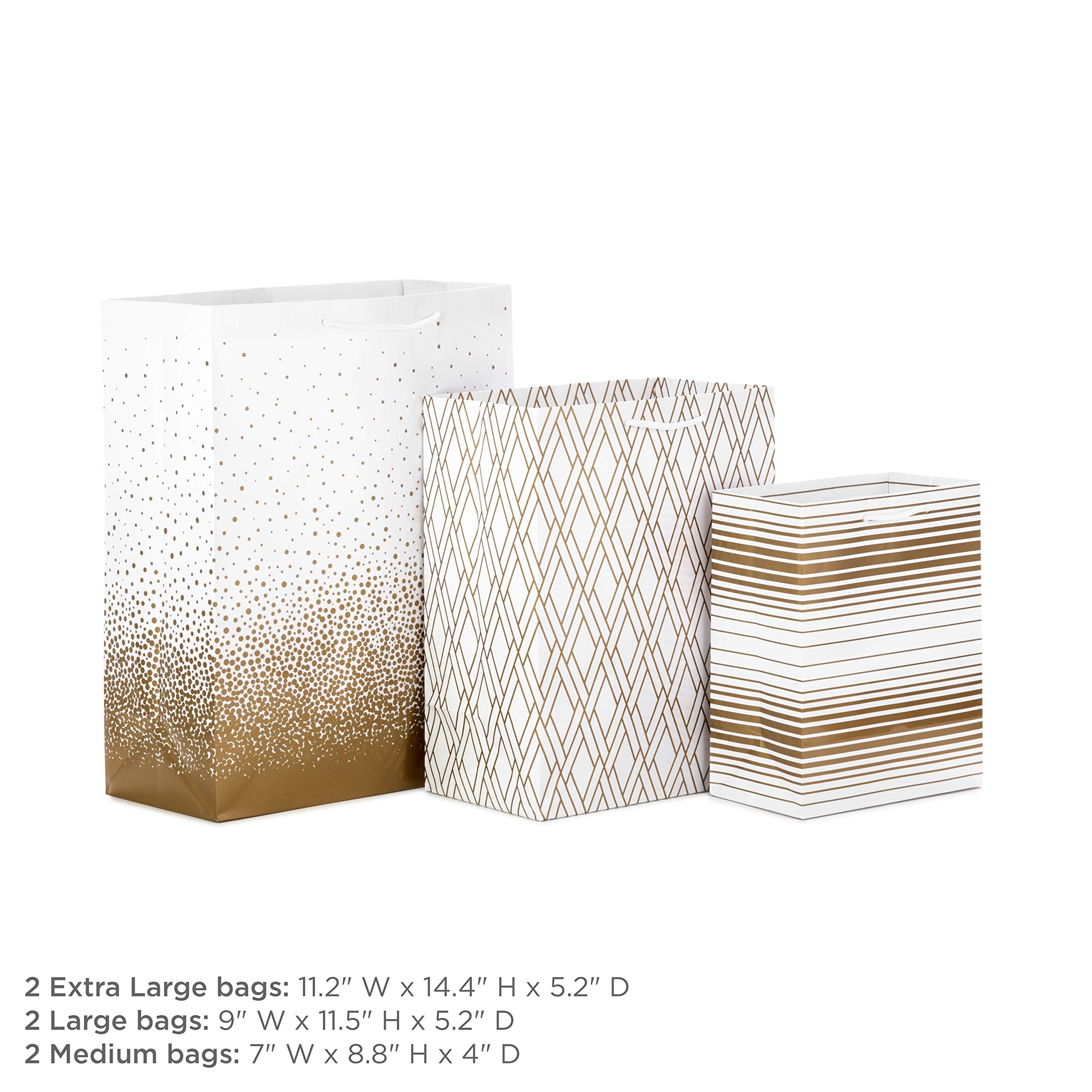 Hallmark Gold Gift Bag Assortment - Diamonds, Stripes, Dots (Pack of 6: 2 Medium 9", 2 Large 11", 2 Extra Large 14") for Birthdays, Mother's Day, Weddings, Bridal Showers, Anniversaries and More