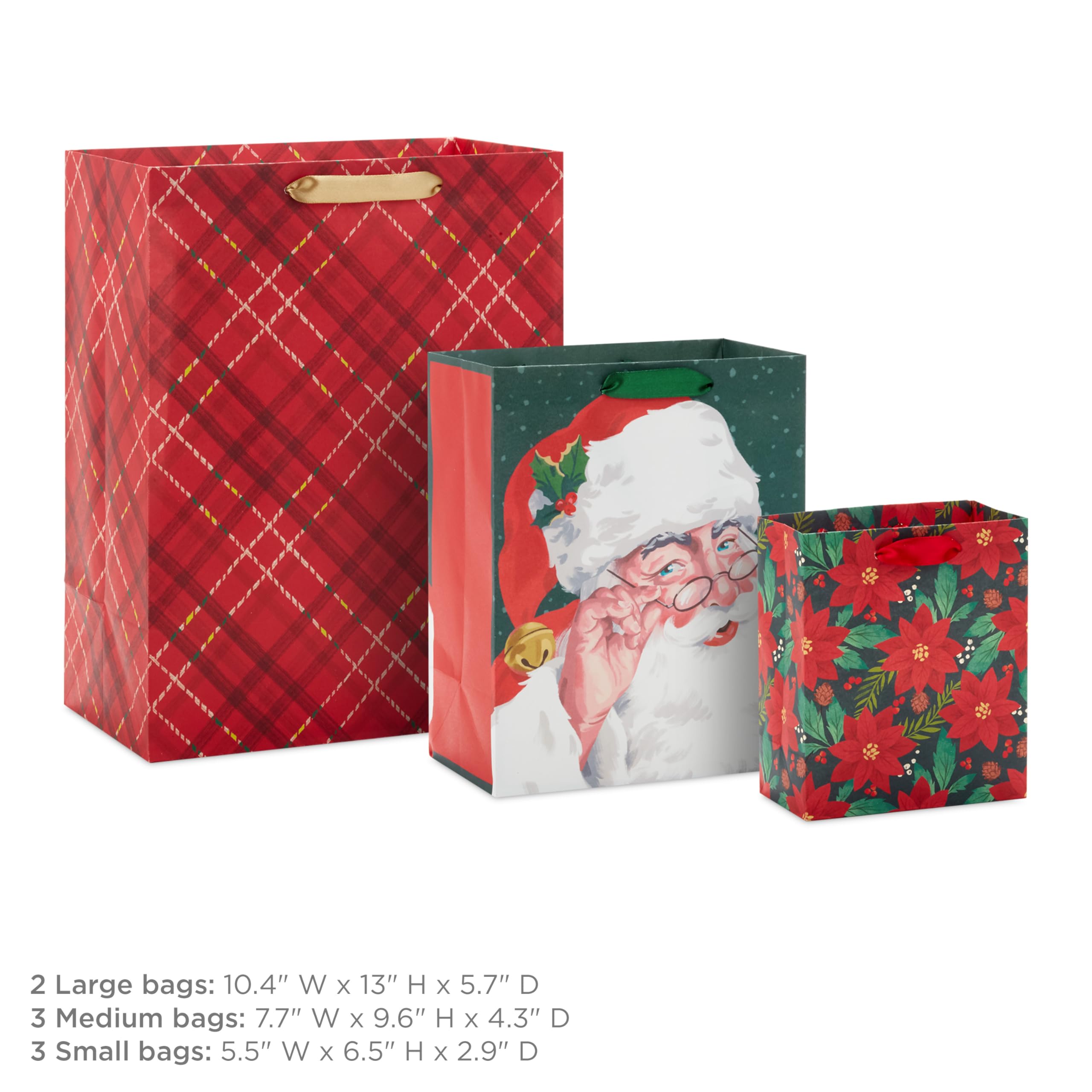 Hallmark Assorted Christmas Gift Bags (8 Bags: 3 Small 6", 3 Medium 9", 2 Large 13") Santa Claus, Red Plaid, Poinsettia Flowers