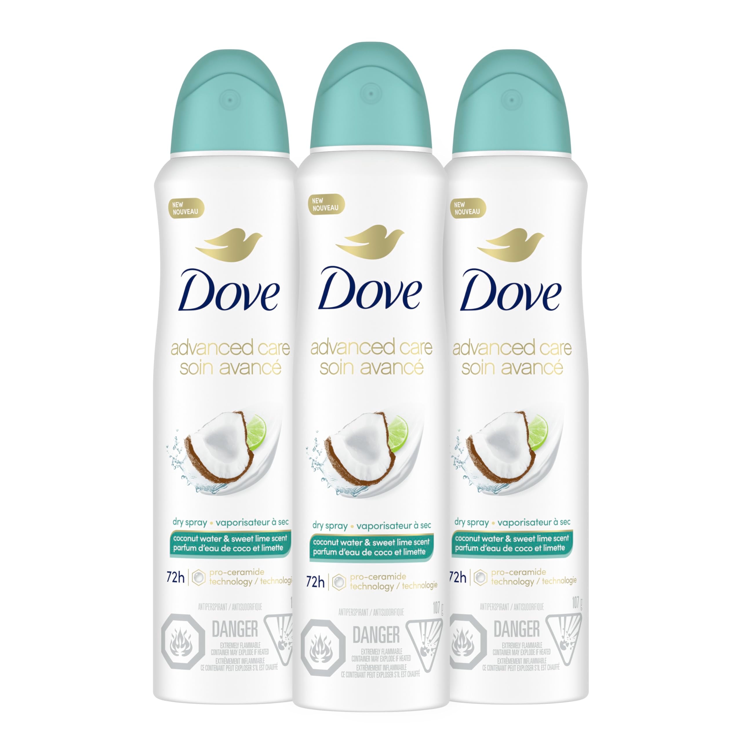 Dove Antiperspirant Deodorant Dry Spray Coconut Water & Lime scent 3ct skin repair after shaving with odor control & sweat protection Pro Ceramide Technology to boost ceramide levels in skin 3.8 oz