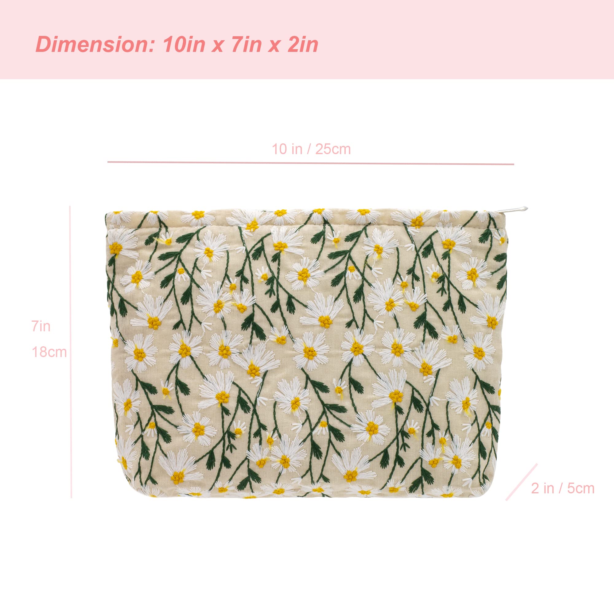 PAZIMIIK Makeup Bags for Purse Zipper Cosmetic Pouch Large Travel Canvas Make Up Organizer Tool Pouch for Women and Girls,Daisy White