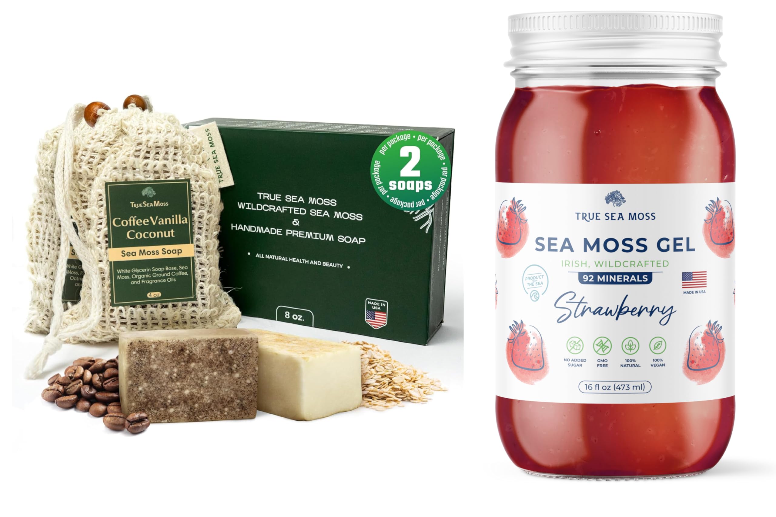 TrueSeaMoss Sea Moss Soap Coffee Vanilla Coconut & Oatmeal Honey & Strawberry Sea Moss Gel