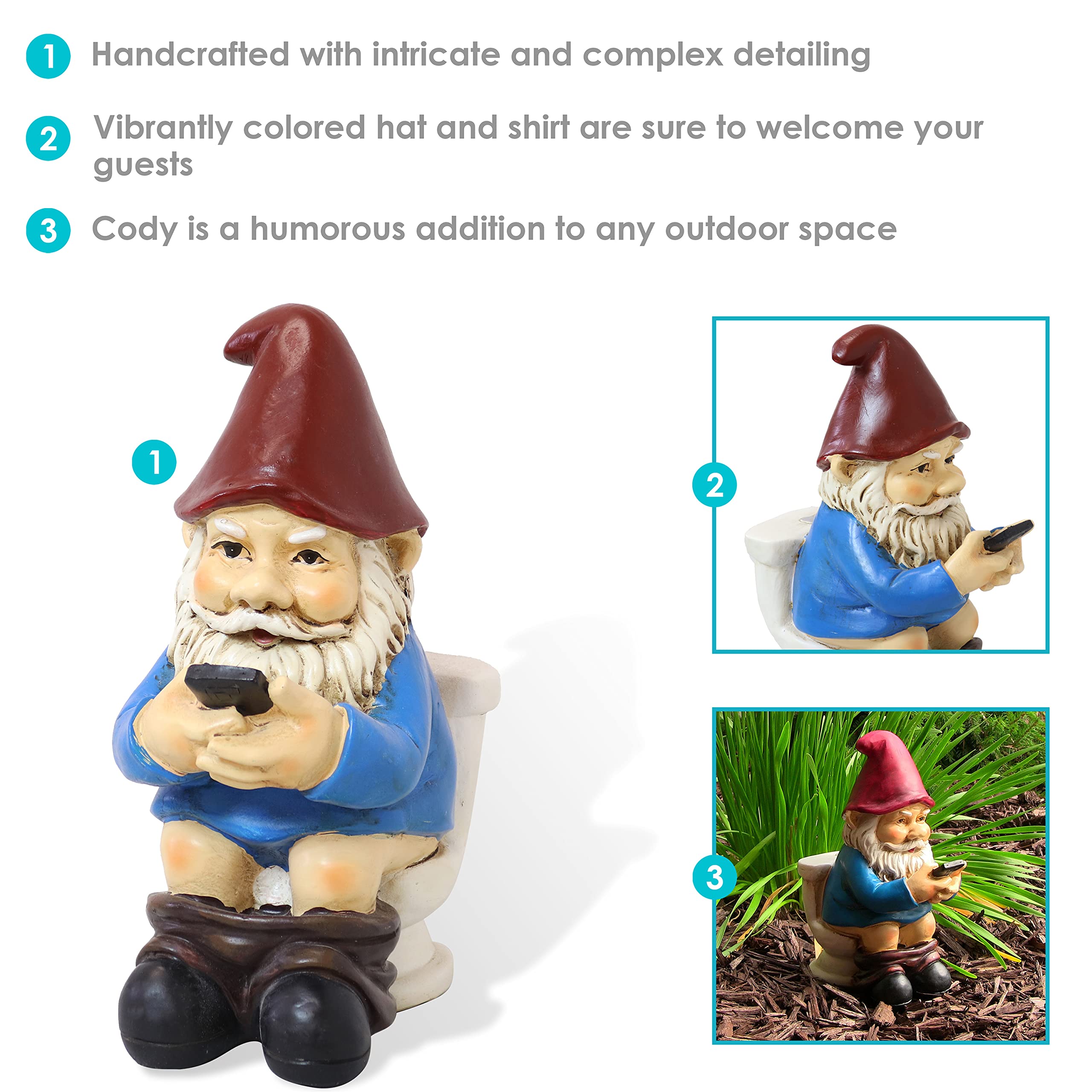 Sunnydaze 9.5-Inch Cody The Garden Gnome on The Throne Reading His Phone - Funny Lawn Decoration