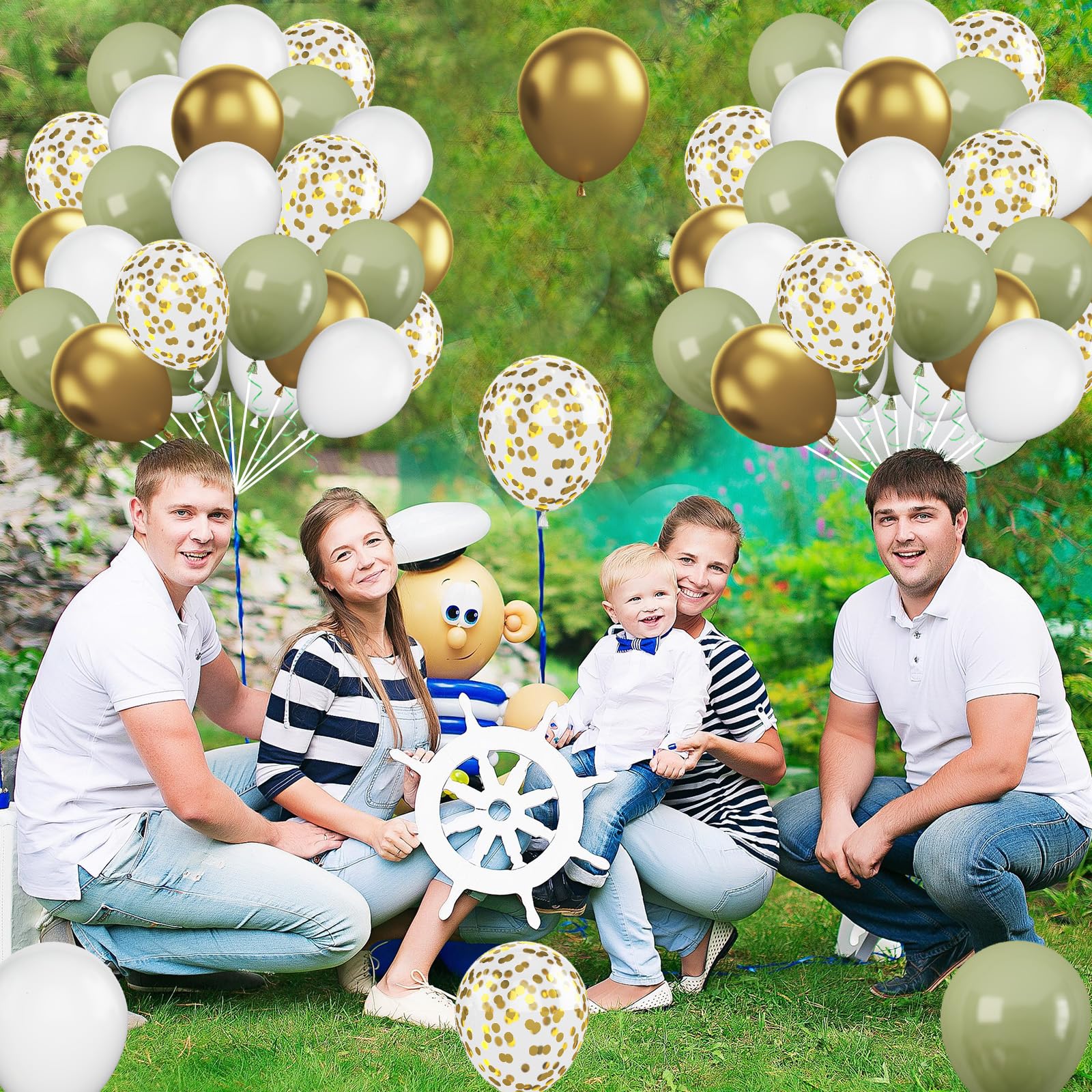 Cudory Sage Green Balloons Set, 60 Count, 12 Inch, Metallic Gold & Matte White, Retro Avocado Green & Confetti Gold, For Birthday Party, Baby Shower, Wedding Decoration
