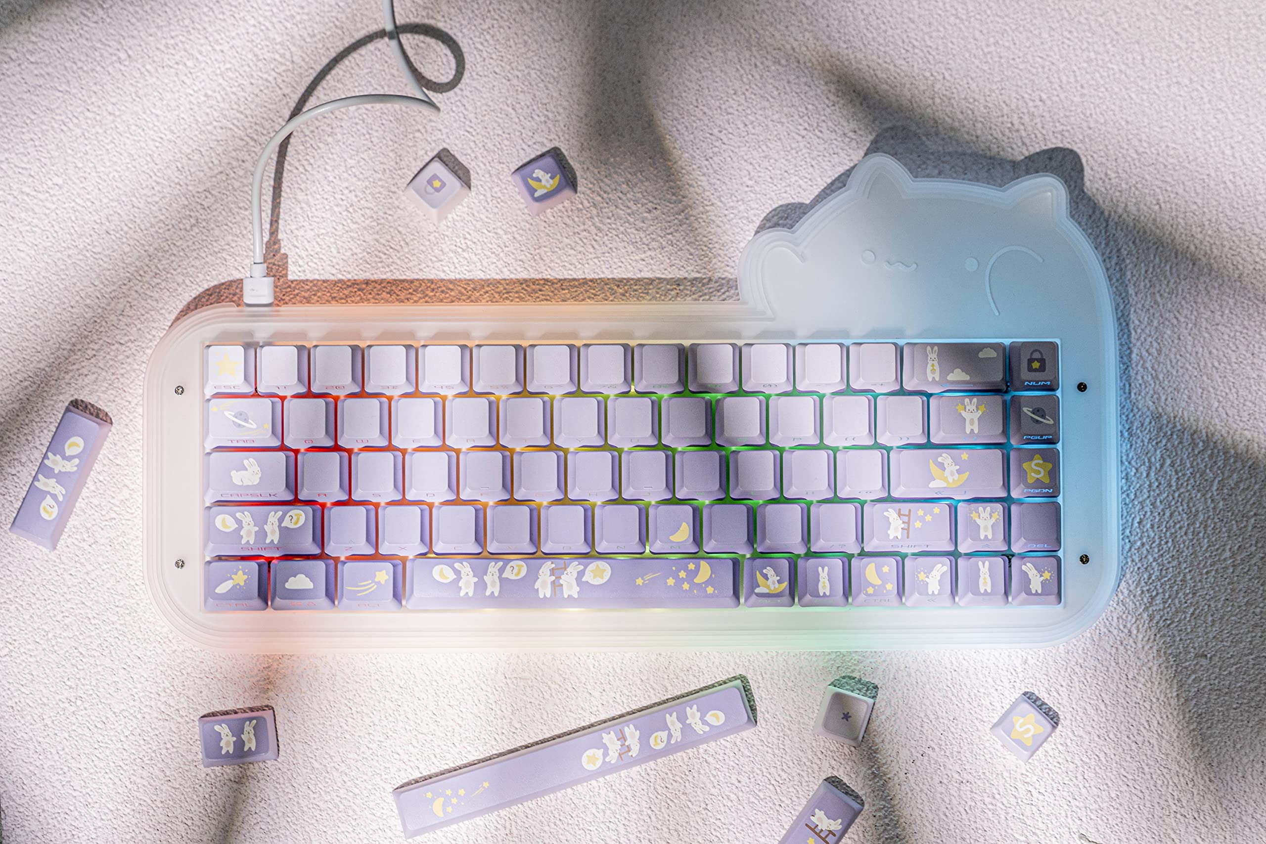 EPOMAKER Moonlit Bunny 138 PBT Keycaps Set, Side-printed, Side-lit Shine Through Five-side Dye Sublimation OEM Profile Gradient Keys for Mechanical Gaming Keyboard