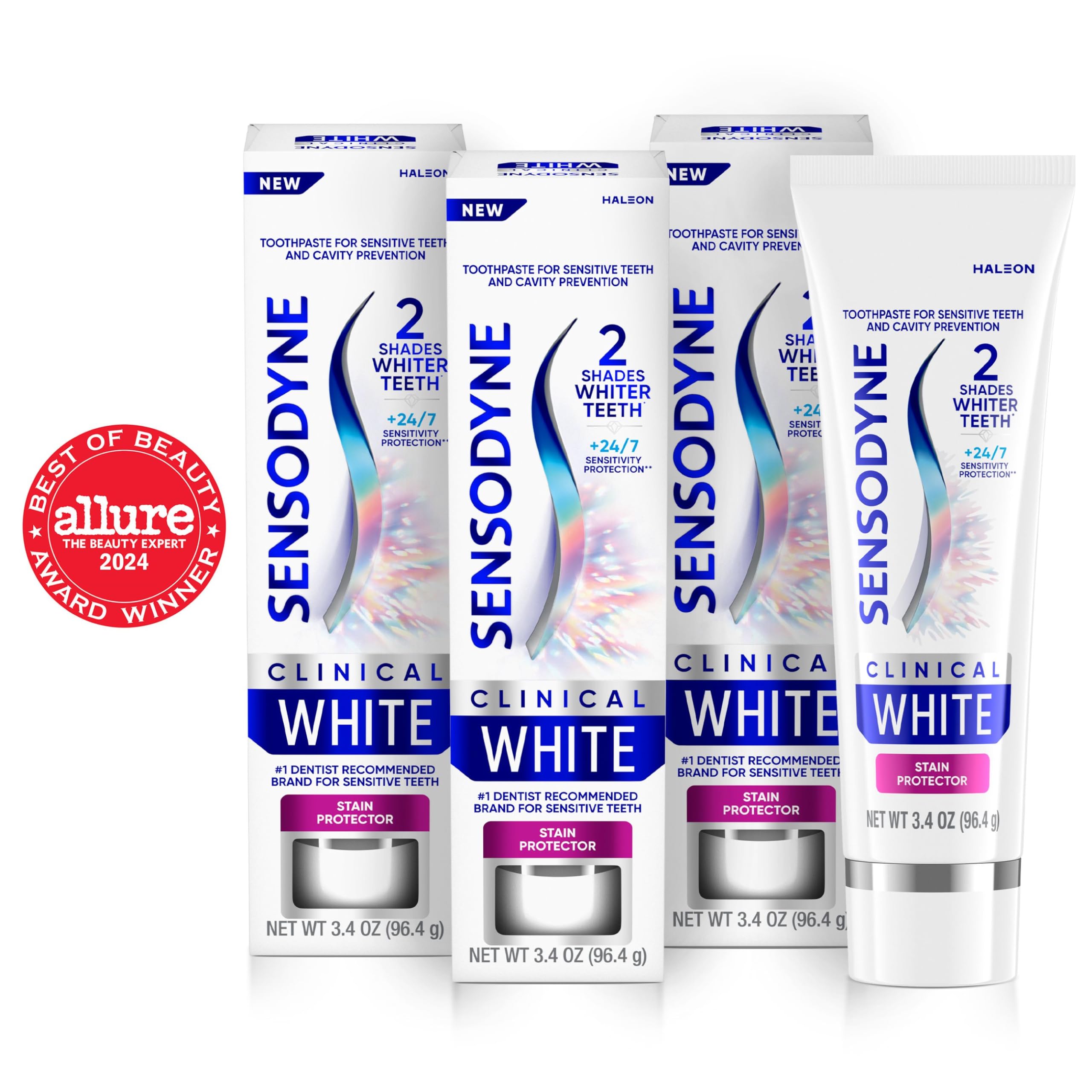 Sensodyne Clinical White Toothpaste Clinically Proven Whitening for Sensitive Teeth, Stain Protector, 3.4 oz x 3