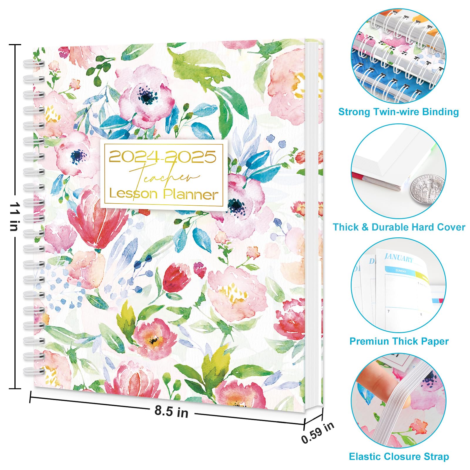 Teacher Planner 2024-2025 Academic Year - All Inclusive 8.5"x11" Teacher Lesson Planner with Elastic Closure, Bookmark, and Planner Stickers, for Daily, Weekly, Monthly Classroom Schedule