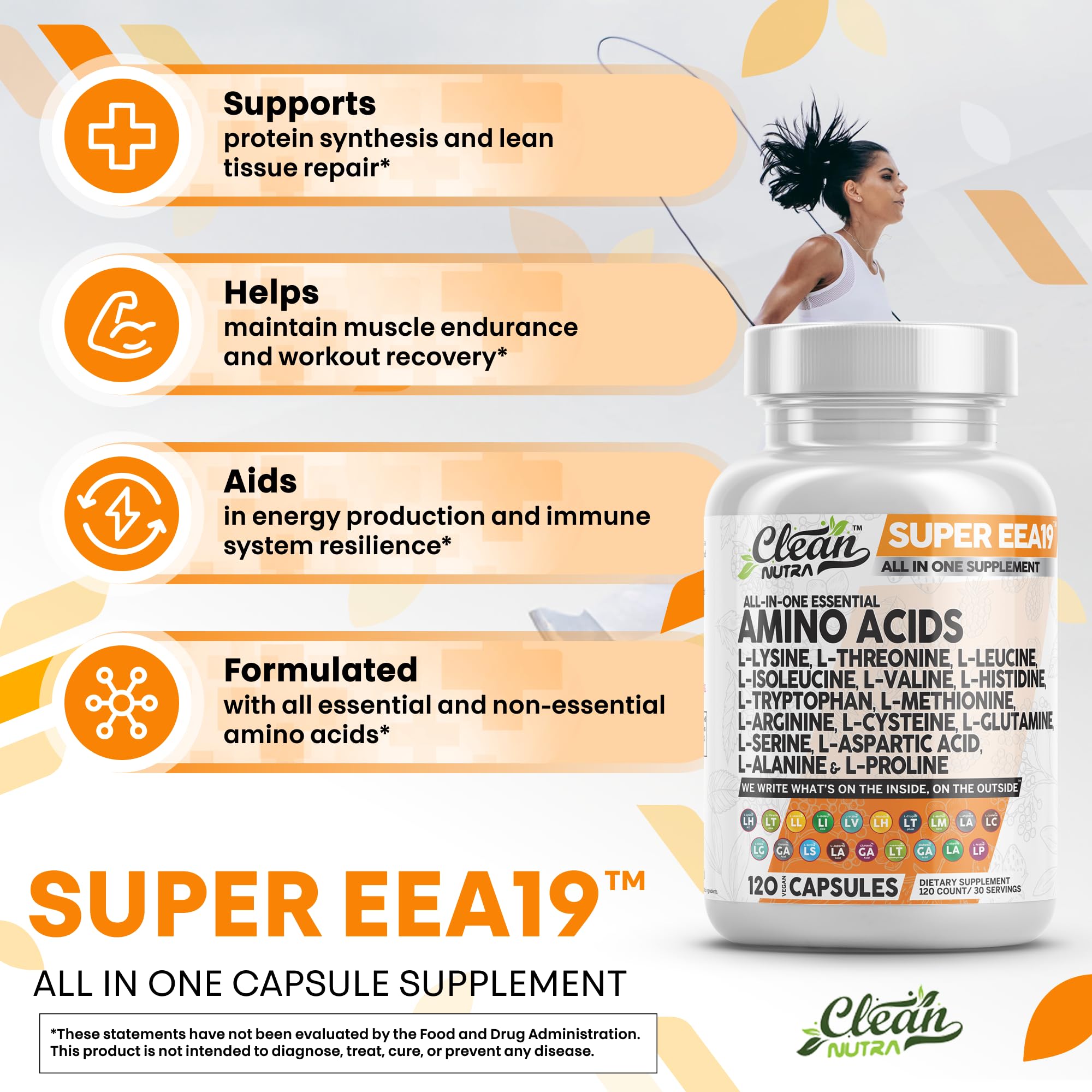 Clean Nutraceuticals Amino Acids Supplement L-Lysine, L-Threonine, L-Leucine, Isoleucine, Valine, L-Histidine, L-Tryptophan, L-Methionine, L-Arginine, L-Cysteine, L-Glutamine, L-Serine, Aspartic Acid