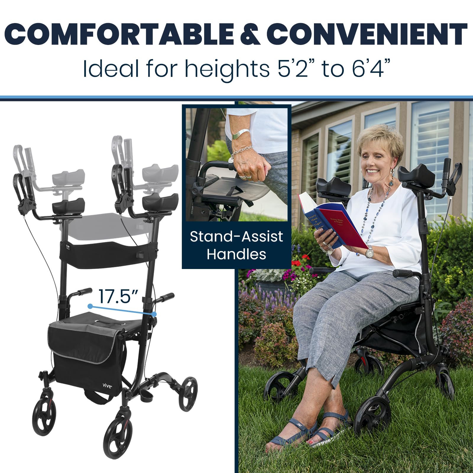 Vive Mobility Upright Walker with Seat, for Seniors, Women - Stand Up Rollator, Arm Rests, Heavy Duty, Folding Medical Aid Scooter for Elderly, Seniors - Walking Foldable Assist (Blue, Black Bag)