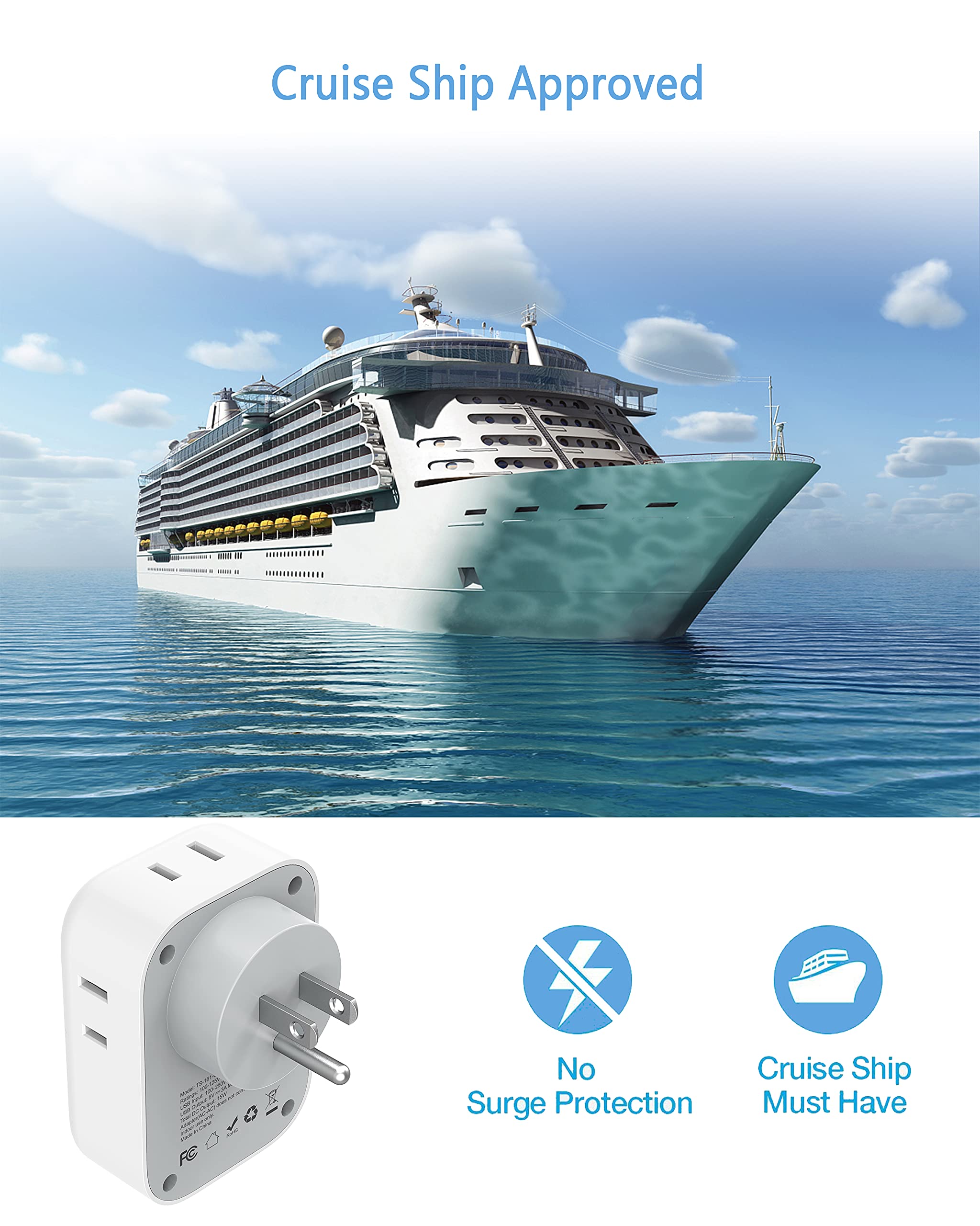 USB Wall Charger, USB Plug Adapter Outlet Extender, TESSAN 3 USB Block (1 USB C Port), Multi Charging Station for Cruise, Bathroom, Office, Dorm Essentials