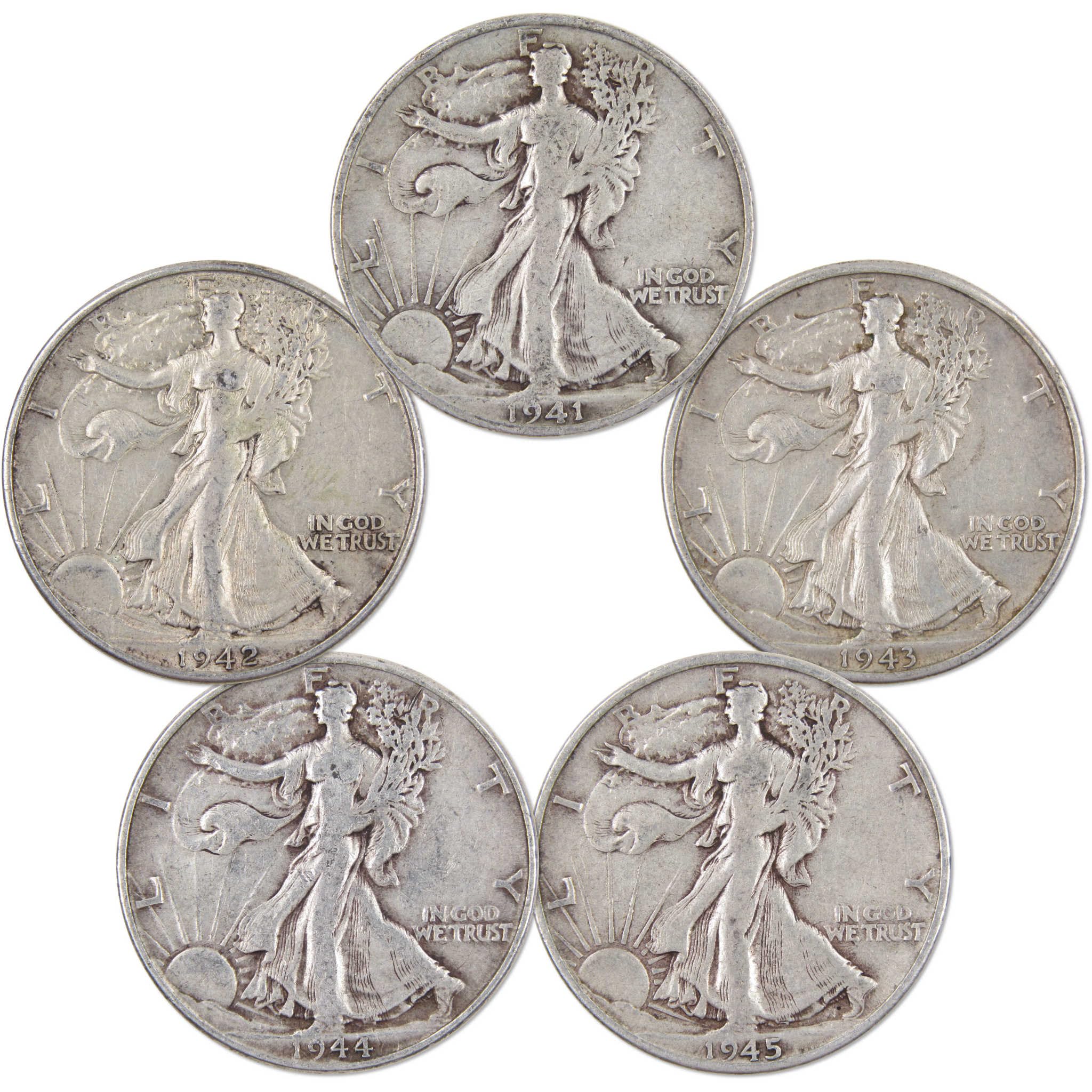 1941-1945 Liberty Walking Half Dollar 5 Coin Set AG About Good 90% Silver 50c