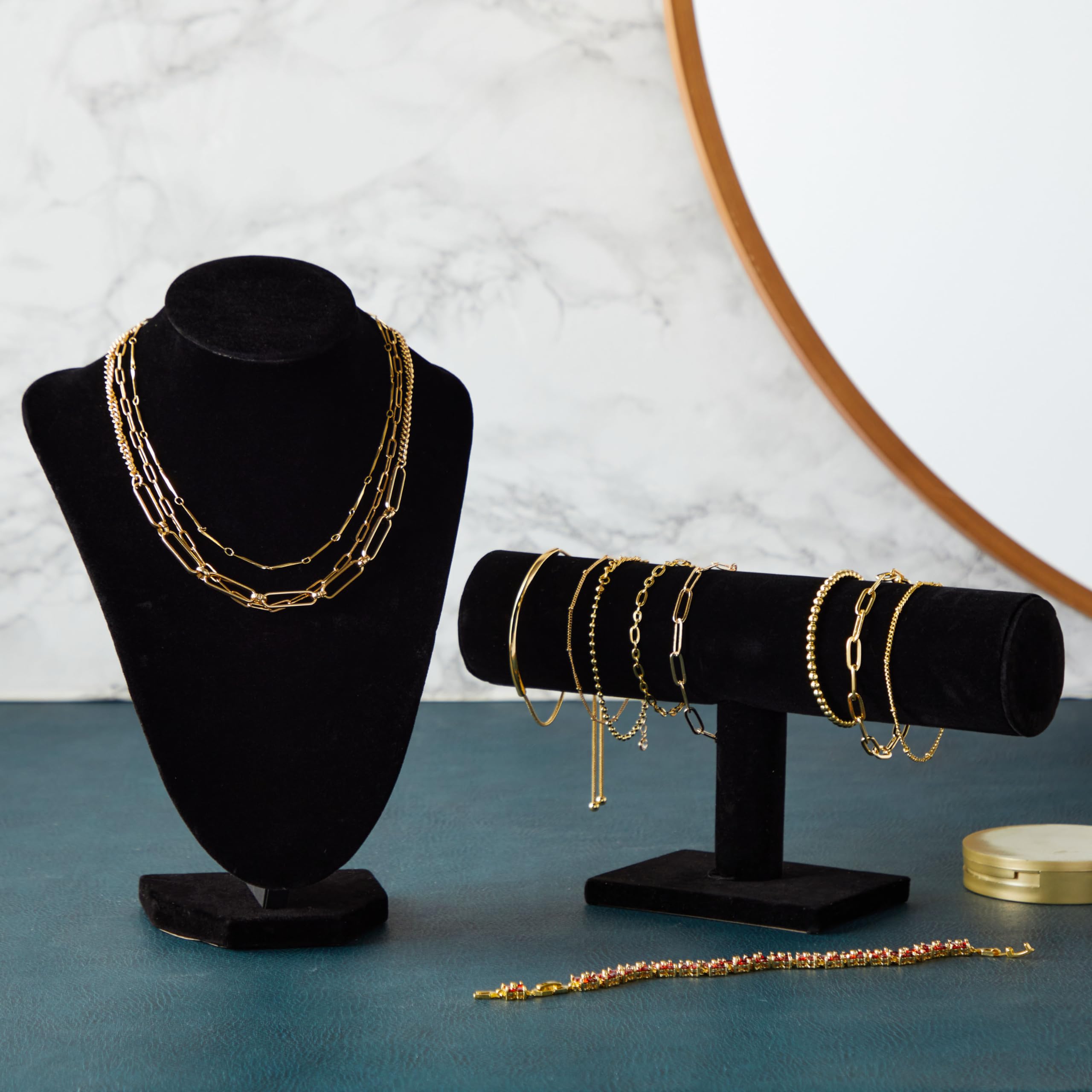 Juvale 2-Piece Black Velvet Jewelry Display Set, T-Bar Stand and Mannequin Bust for Necklaces, Bracelets, Bangles, Chains, Anklets, Earring Holder for Retail Shops, Boutiques