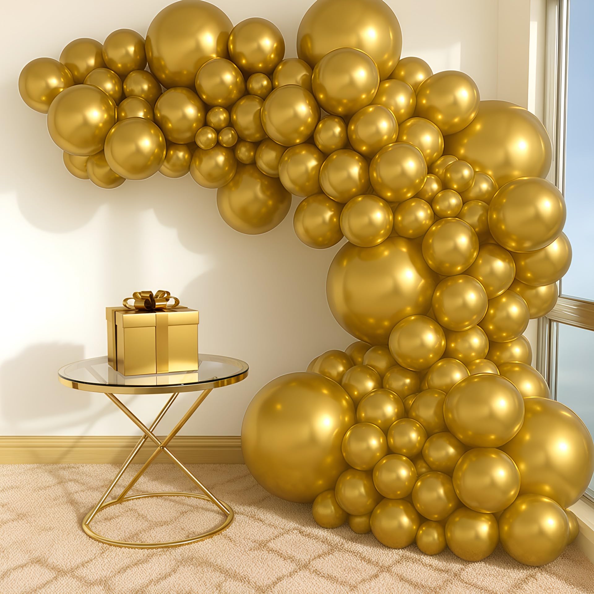 Balloon Garland Arch Kit – 146 Pcs Metallic Gold Balloons & Baby Shower Boxes with Letters – Gold Boxes with Gold & White Balloons