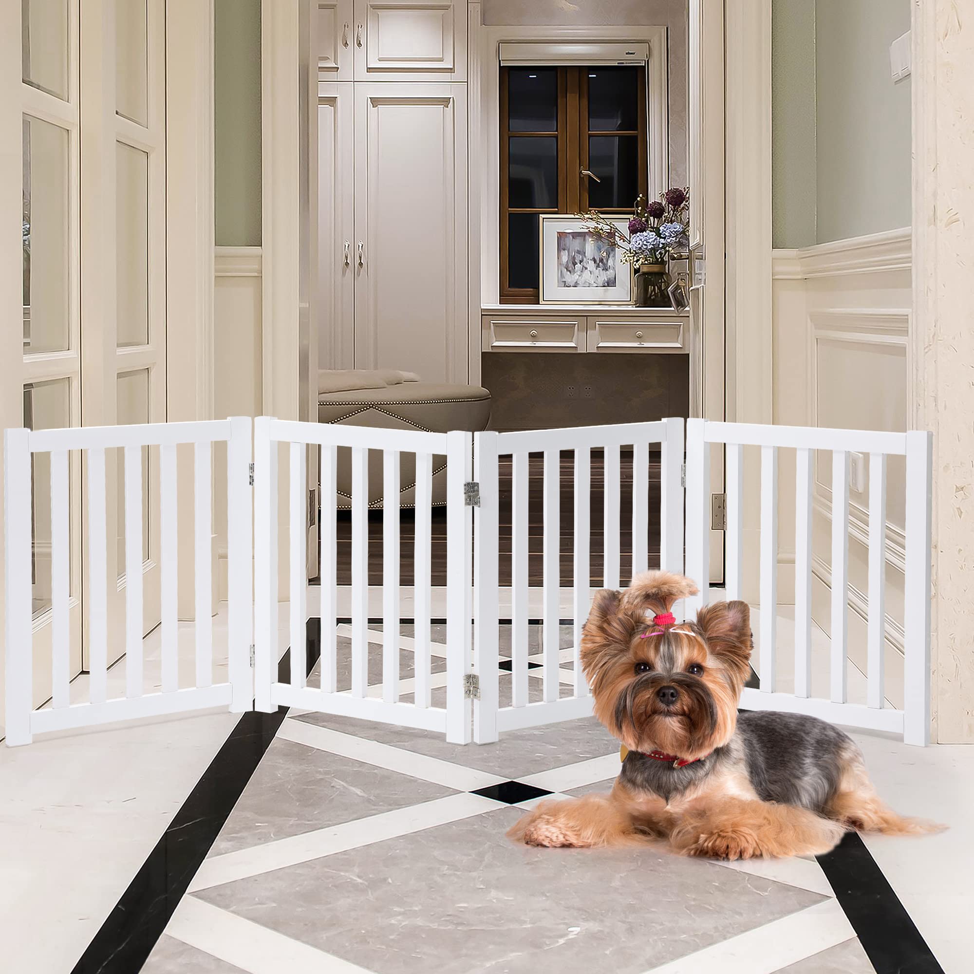 LZRS Solid Hardwood Freestanding Pet Gate,Wooden Dog Gates for Doorways,Nature Wood Dog Gates for The House,Dog Gate for Stairs,Freestanding Indoor Gate Safety Fence,White,24" Height-4 Panels