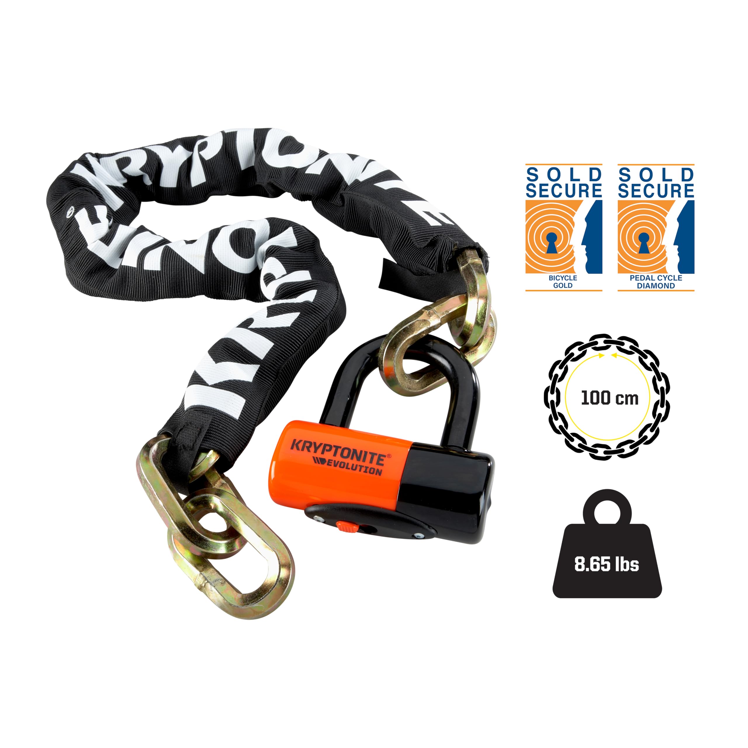 Kryptonite New York 1210 Bike Chain Lock, 3.25 Feet Long Heavy Duty Anti-Theft Sold Secure Gold Bicycle Chain Lock with Evolution Disc Lock and Keys for Ultimate Security E-Bike, Motorcycle, Scooter