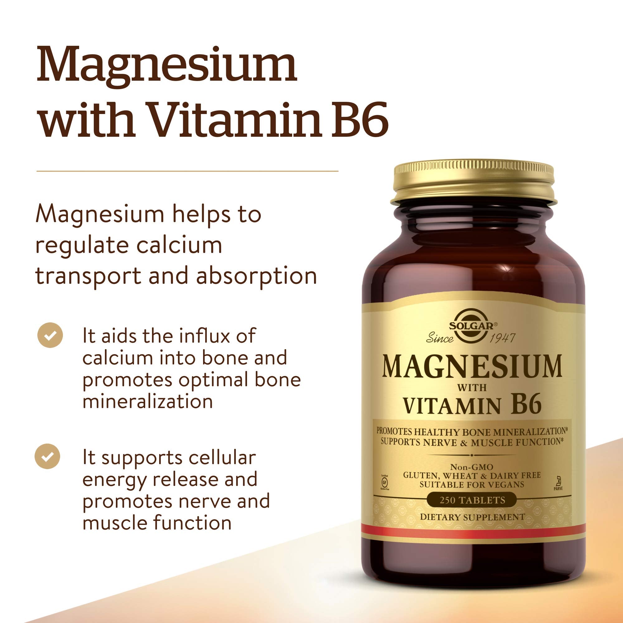 Solgar Magnesium with Vitamin B6, 250 Tablets - Promote Healthy Bone Mineralization, Support Nerve & Muscle Function, Energy Metabolism - Non-GMO, Vegan, Gluten Free, Dairy Free, Kosher - 83 Servings