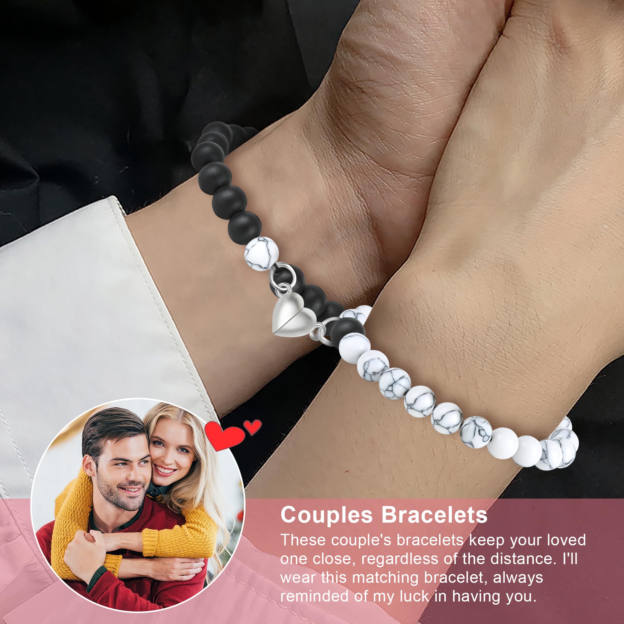 Couple Matching Bracelets, Bf And Gf Bracelets, Best Friend Bracelet,Stretch Adjustable Bead Bracelets Christmas Birthday Valentines Day Jewelry Gifts for Him and Her - Black and White