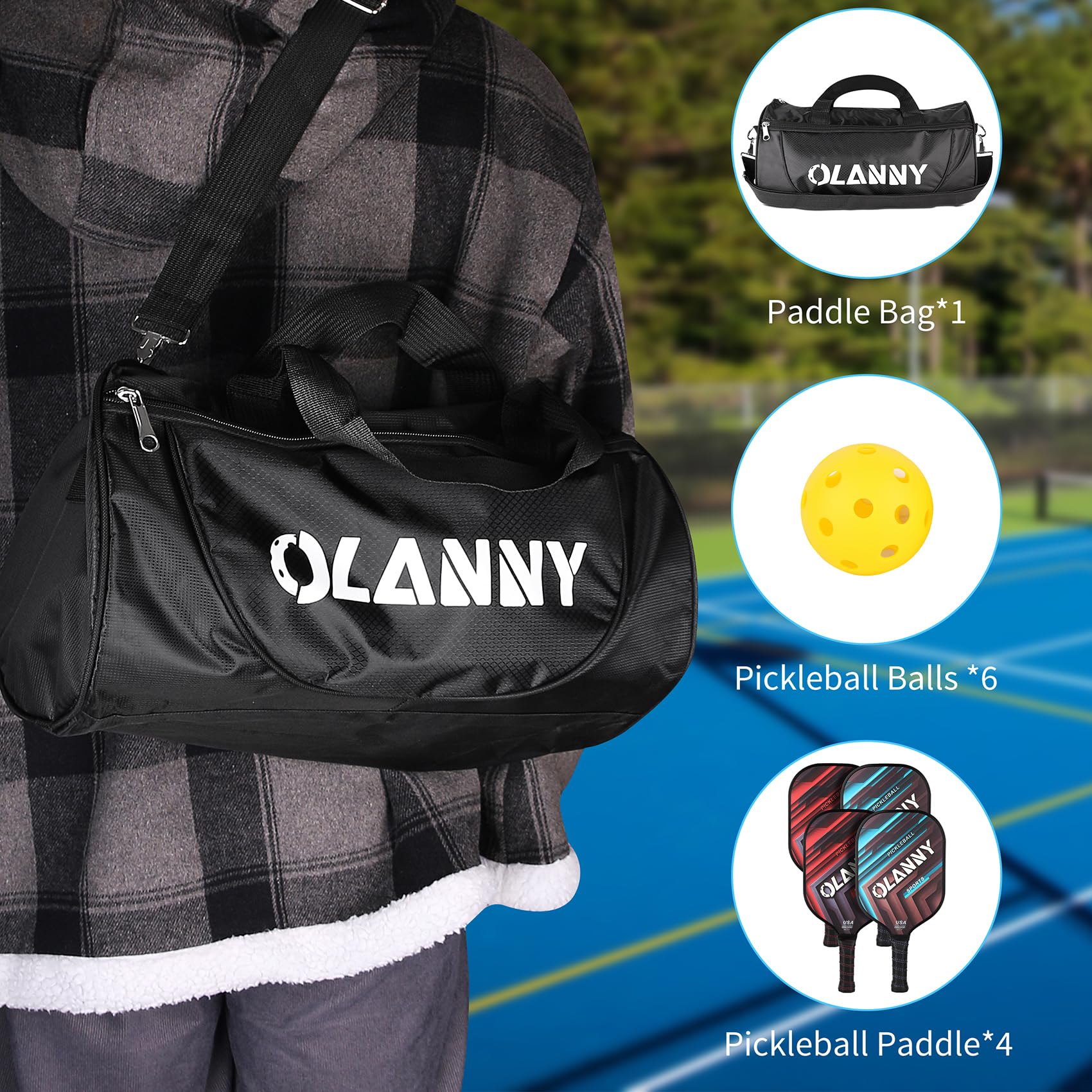 OLANNY Pickleball Paddles Set | Pickleball Set includes 4 Pickleball Paddles + 6 Balls+ 4 Replacement Soft Grip + 1 Portable Carry Bag | Premium Rackets Face & Polymer Honeycomb Core