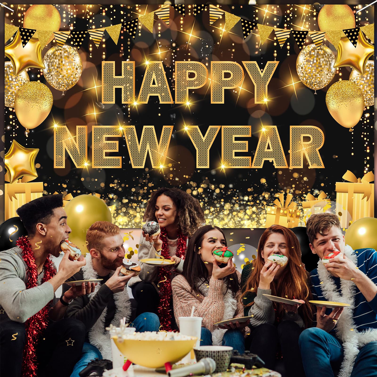 Happy New Year Decorations 2025, 71 * 44IN Happy New Year Banner 2025 Happy New Year Backdrop Party Supplies for Black and Gold New Years Eve Party Decorations 2025