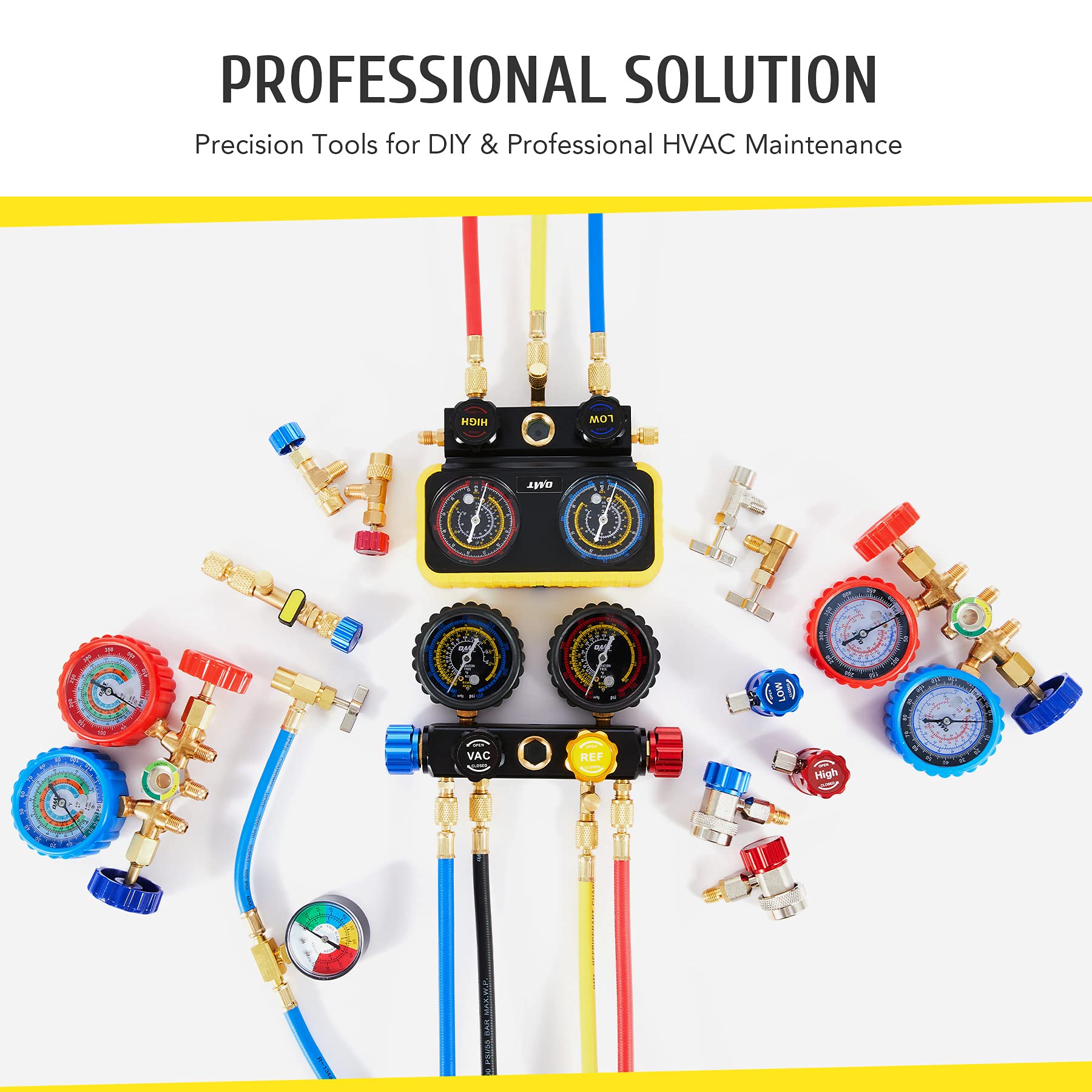 Orion Motor Tech AC Gauges, AC Manifold Gauge Set for R134a R12 R22 R502, 3 Way Automotive AC Gauge Set with Antishock Gauges Hoses Couplers Adapter, Puncturing Can Tap Freon Recharge Kit