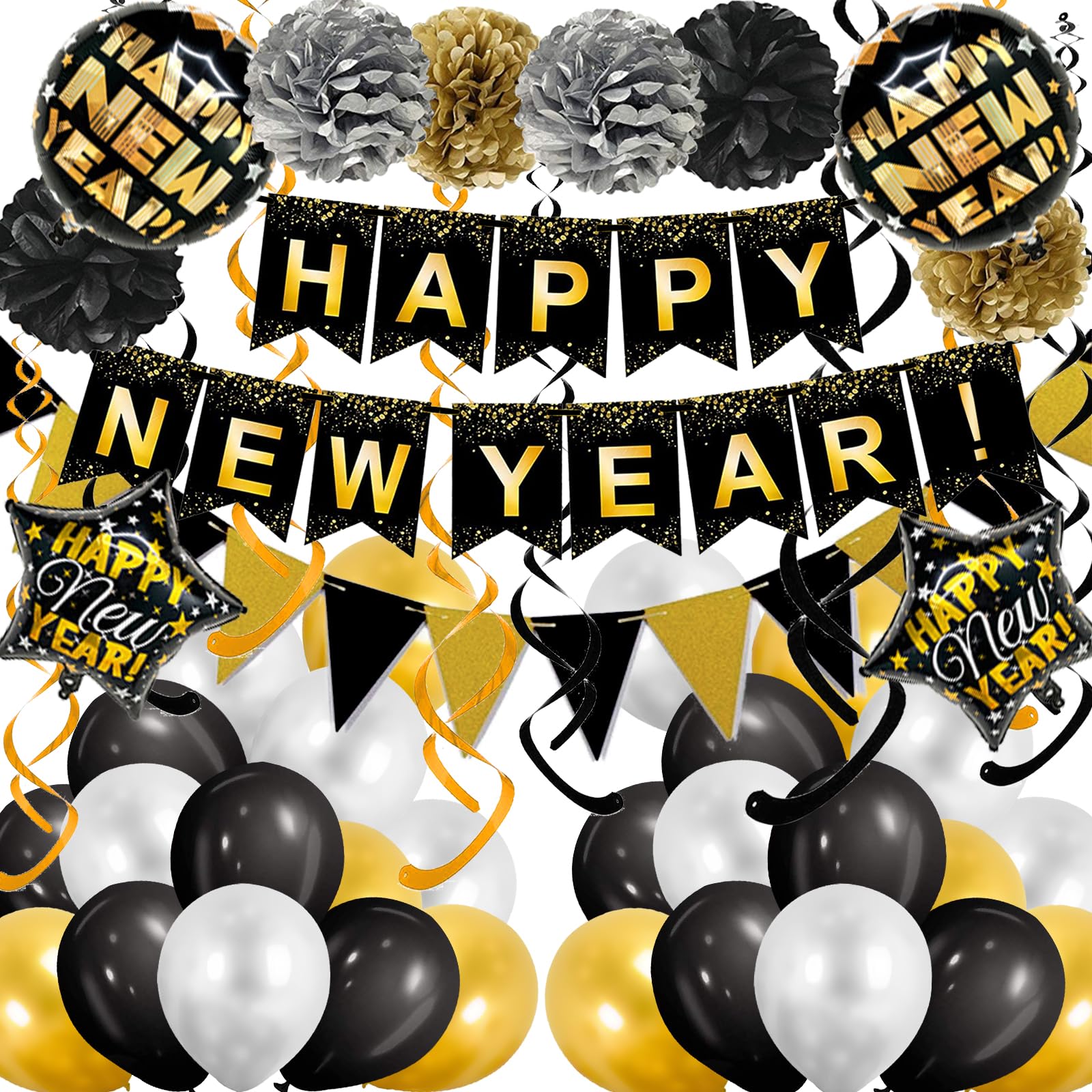 Black Happy New Year Banner Gold Black Paper Flag Bunting Swirl Streamers & Pom Poms Balloons for New year Party Decorations