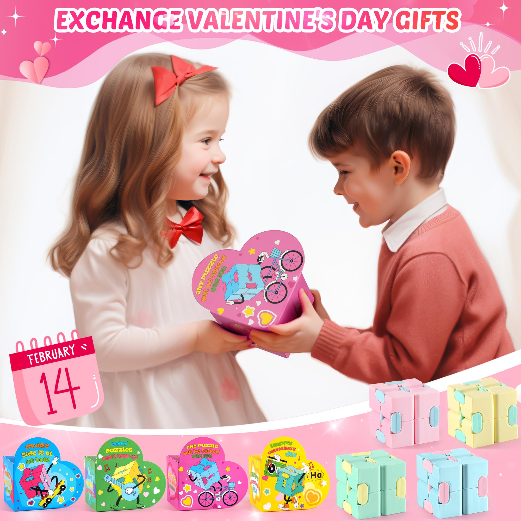 Loscola 28 Packs Valentines Day Gifts for Kids Classroom, Fidget Cube Toy with Valentines Boxes for Kids, Kids Valentines Day Cards, Valentines Cards for Kids Classroom Exchange Gift Valentines Prizes