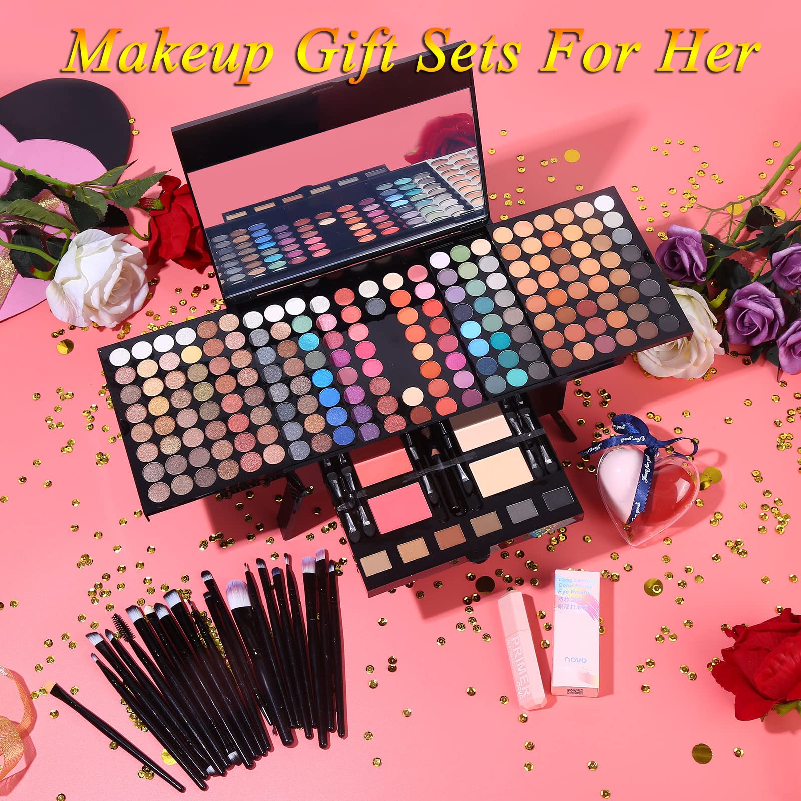 Makeup Gift Sets For Women - 190 Colors Makeup Palette Include Eyeshadow, Blushes, Eyebrow Powder,Eye Pencil,Mirror+20Pcs Makeup Brushes+Eyeshadow Primer+2Pcs Sponge Puff Make Up Set (Makeup Set A)